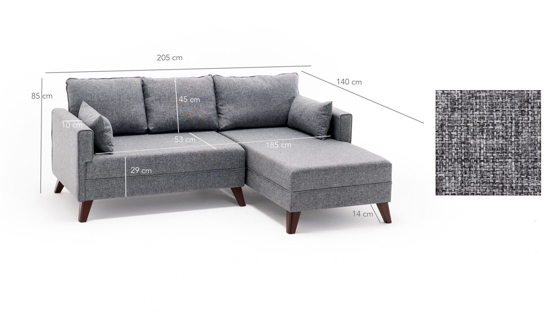 Schlafsofa Récamiere Rechts & Hocker Polyester Holz Grau