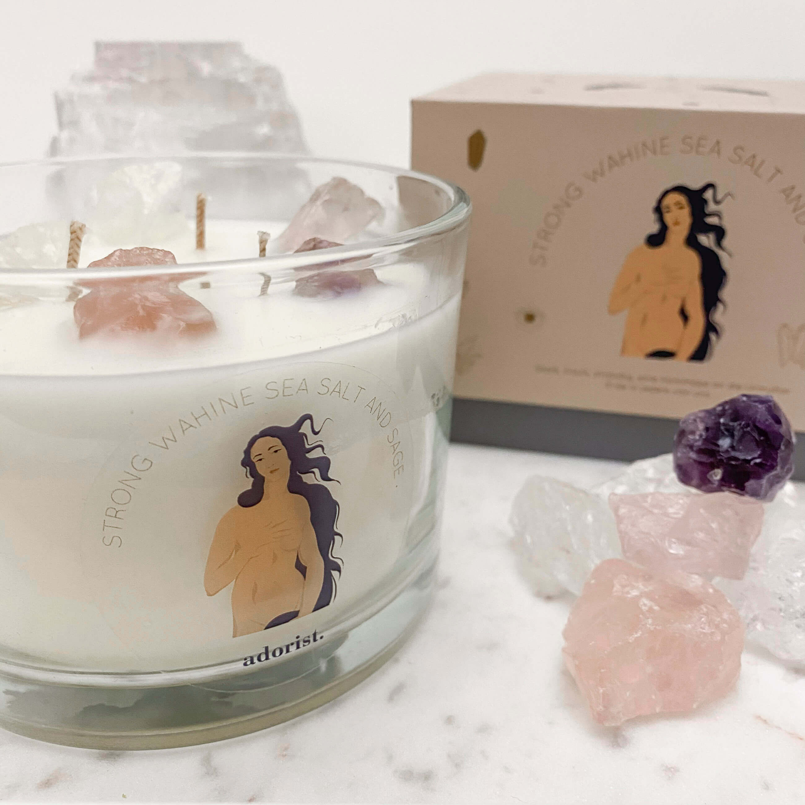 Sea Salt & Sage Scented Candle Soy Wax with Crystals White