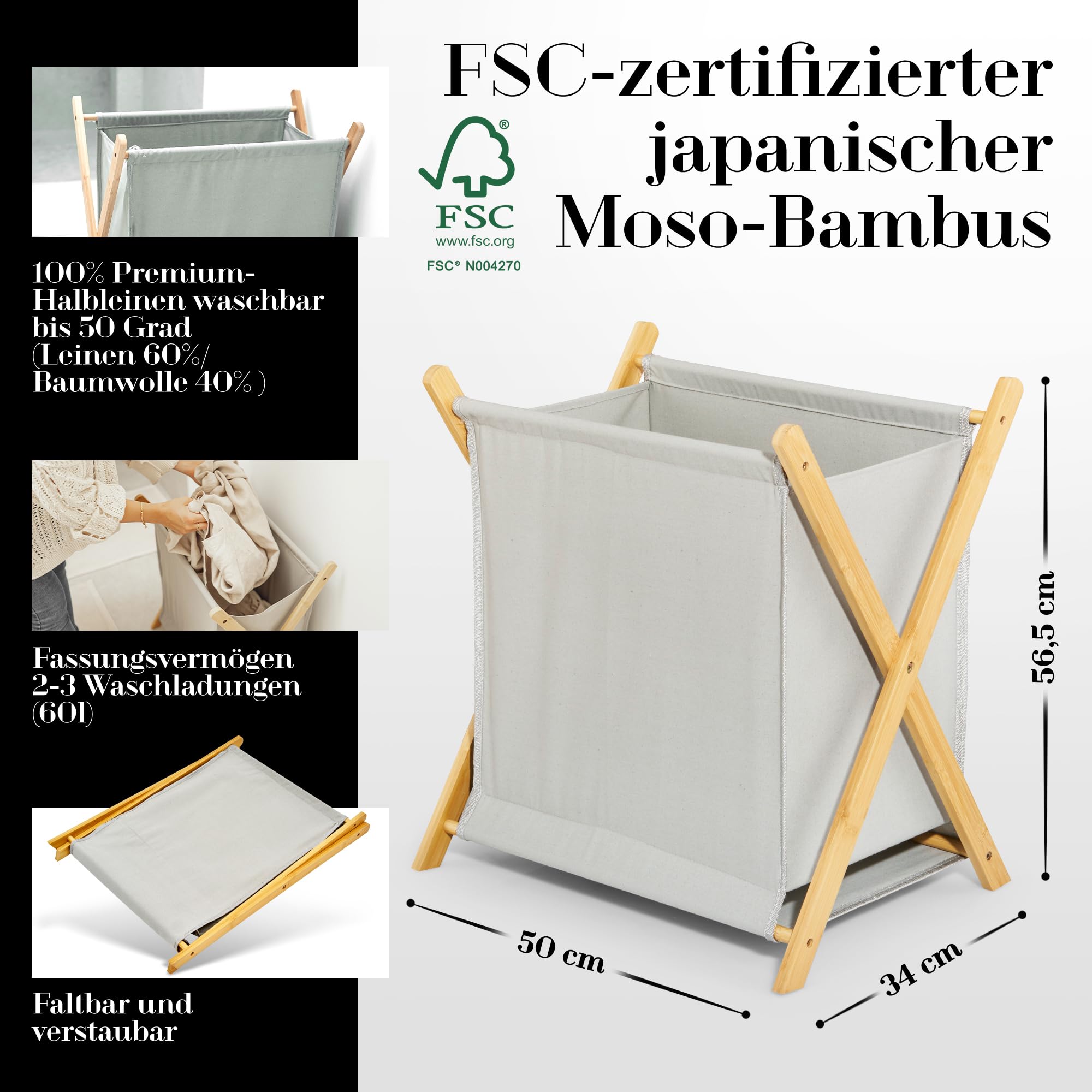 Wäschesammler Holz Textil Faltbar Grau 60L