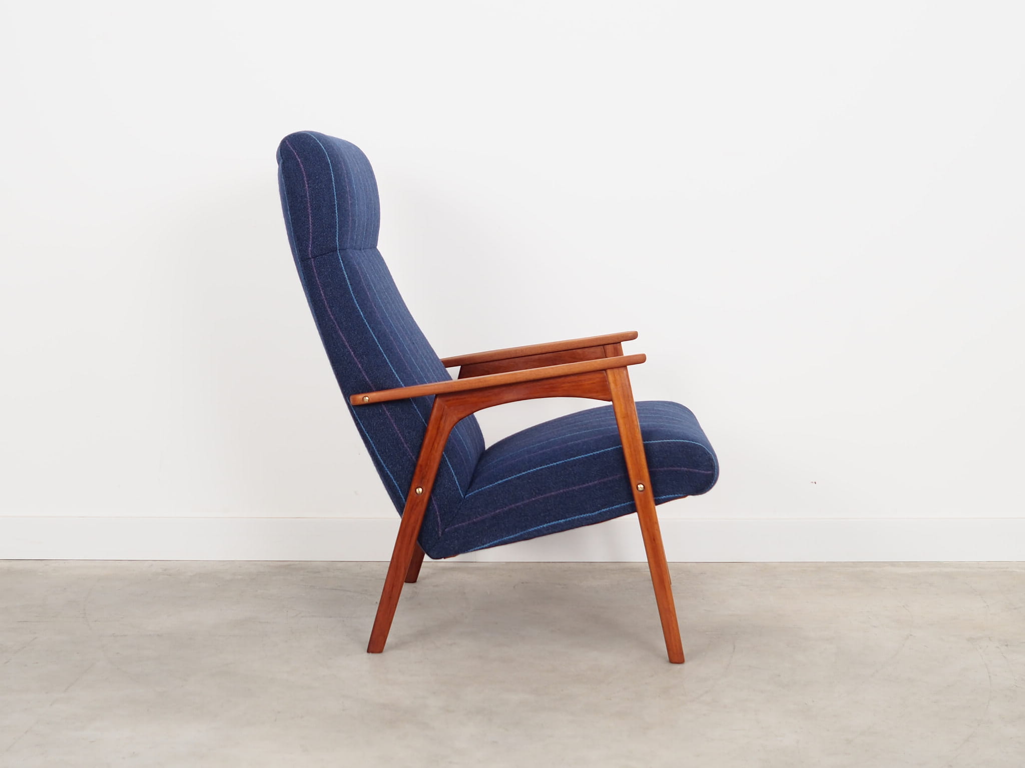 Vintage Stuhl Teakholz Wolle Blau 1970er Jahre