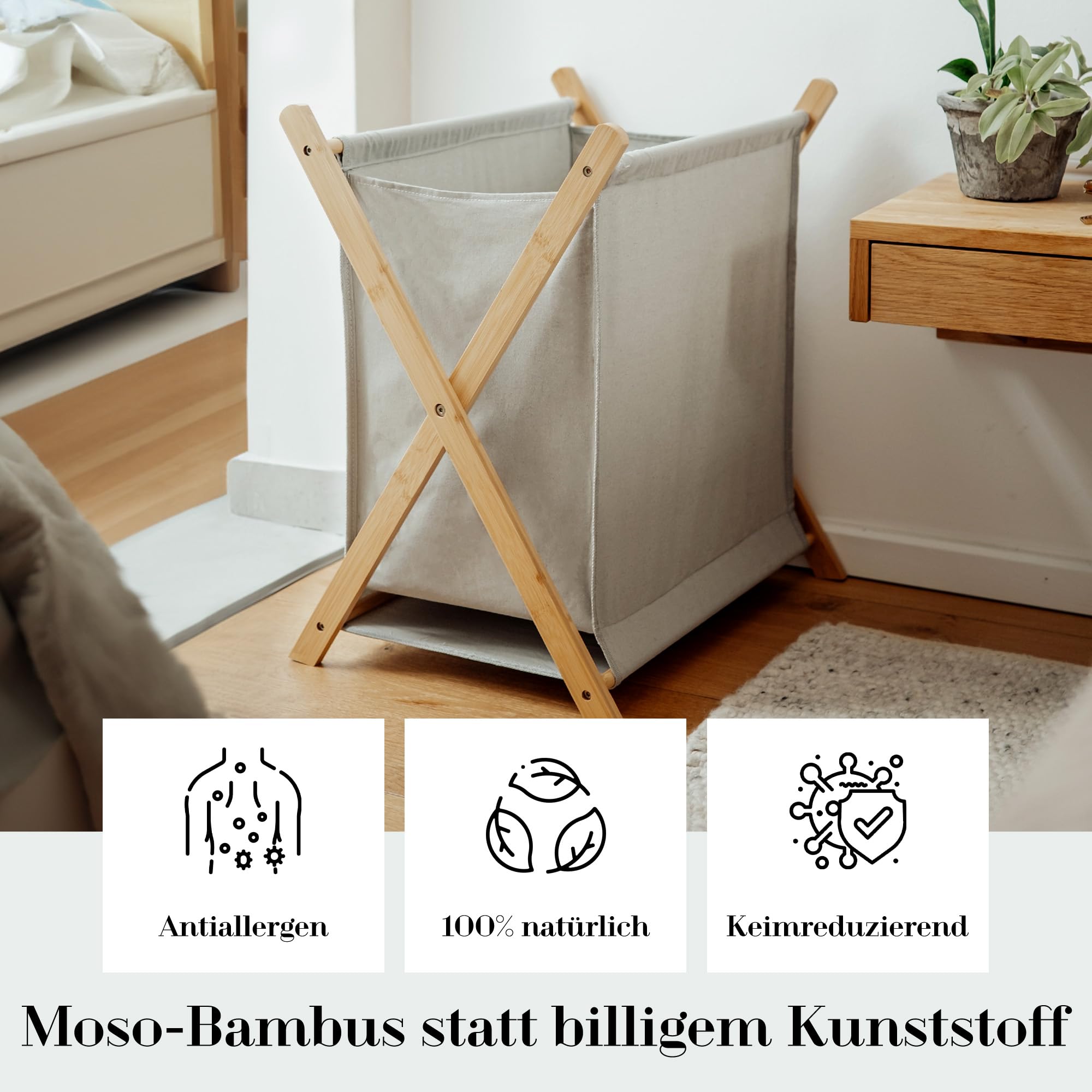 Wäschesammler Holz Textil Faltbar Grau 60L