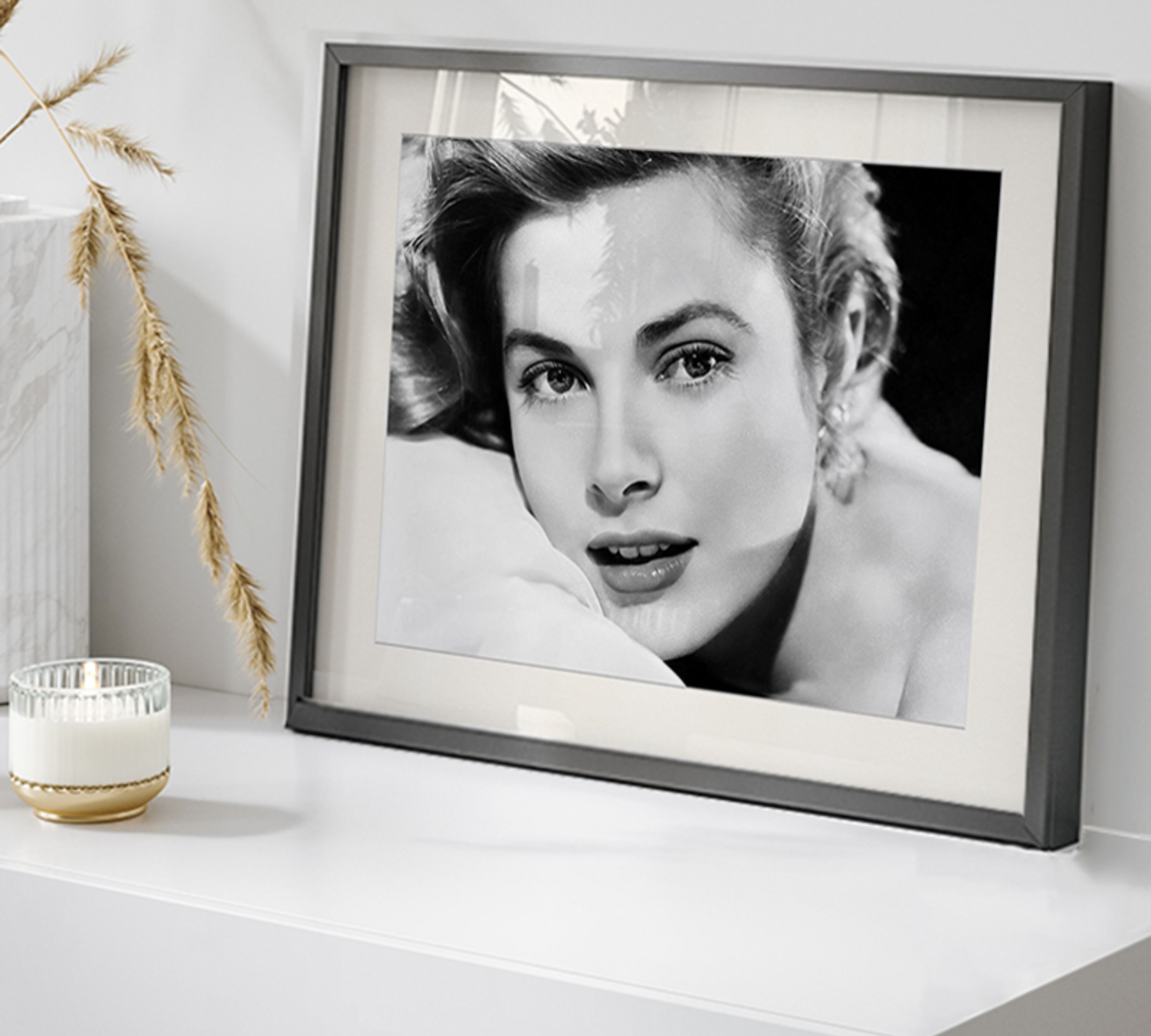 Portrait art print with frame, black and white