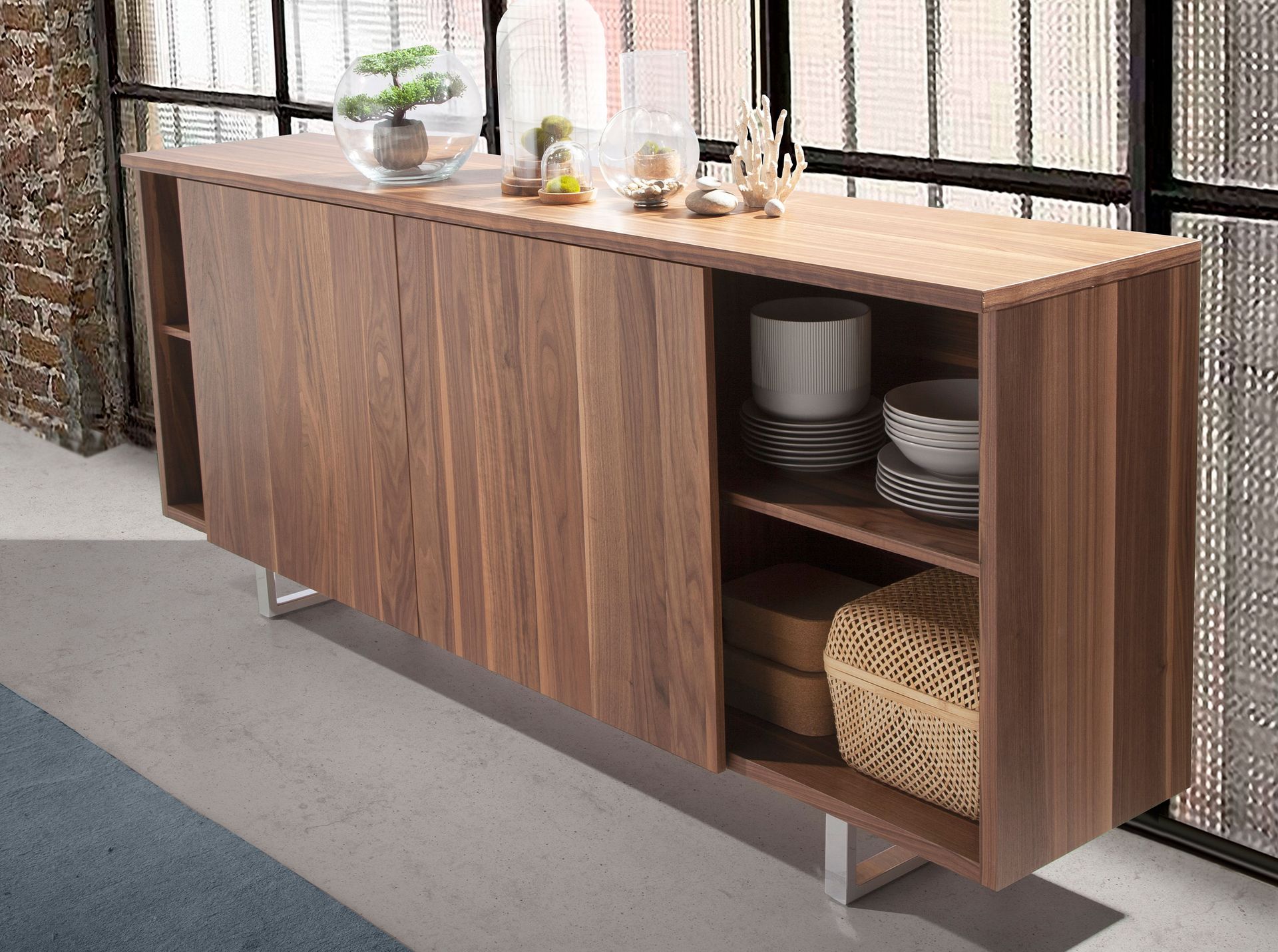 Sideboard Walnut veneer Chrome-plated steel