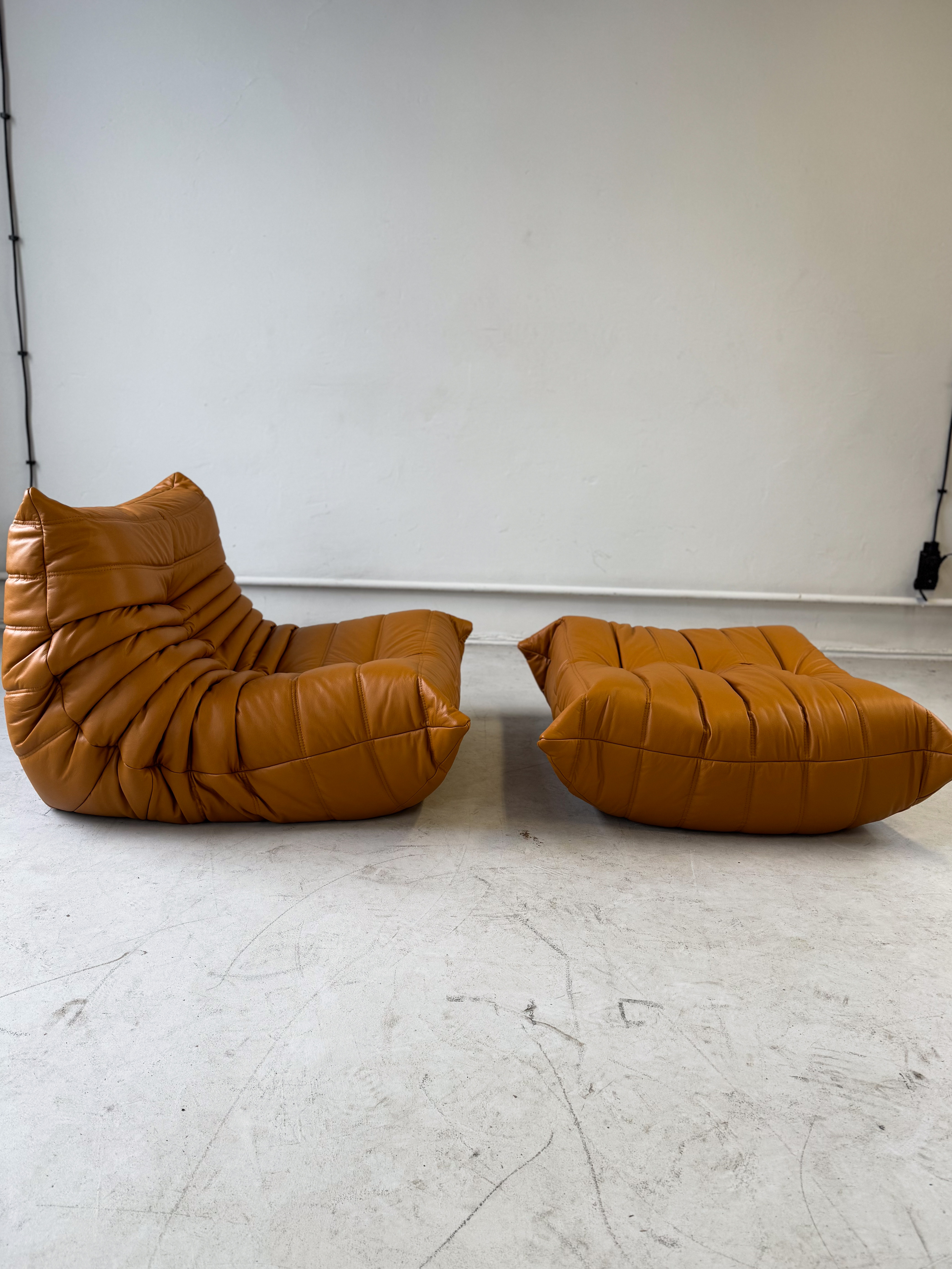 Togo armchair and ottoman set high gloss leather cognac light