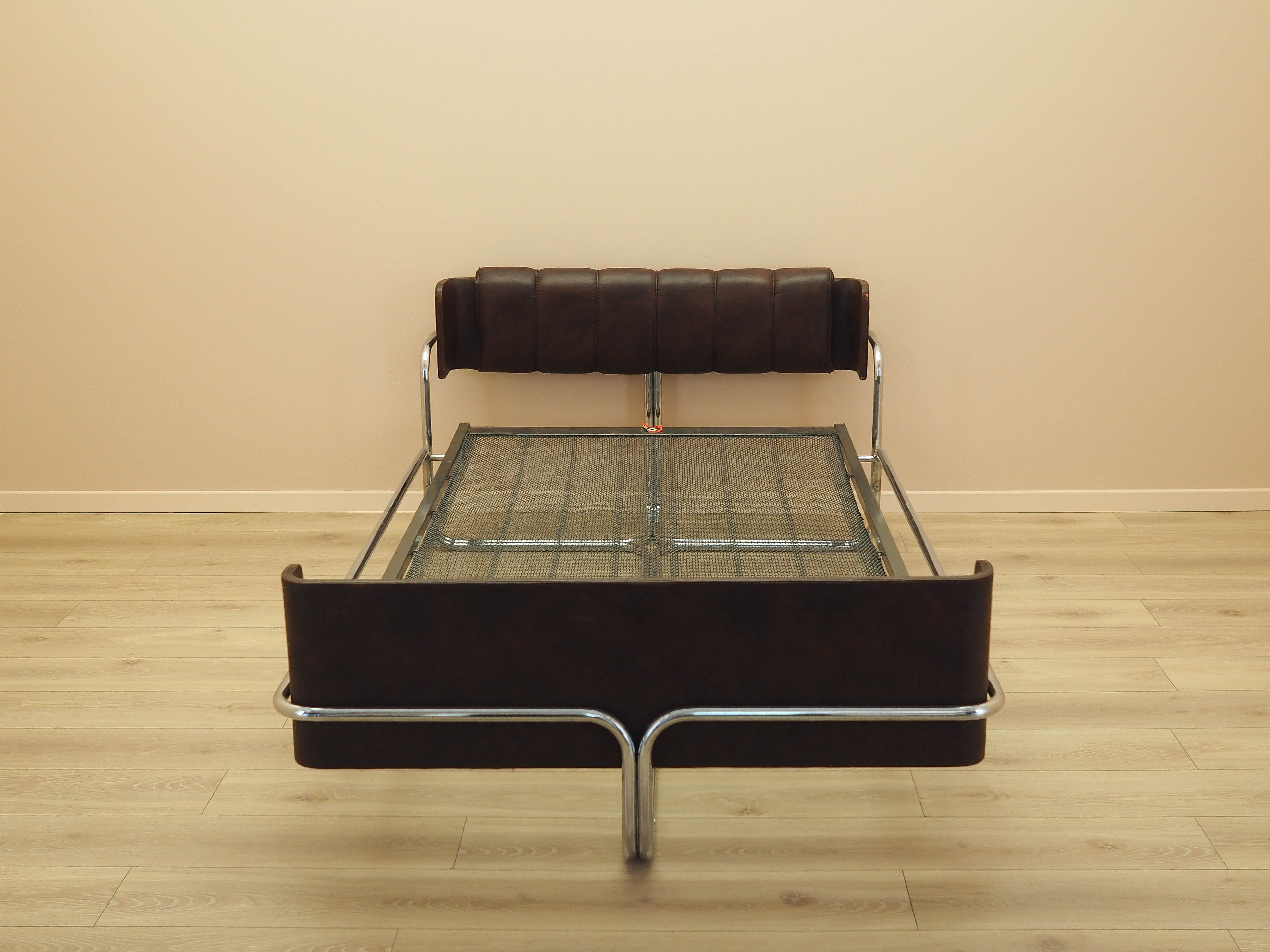 Vintage Bed Metal Frame Natural Leather Brown 1980s