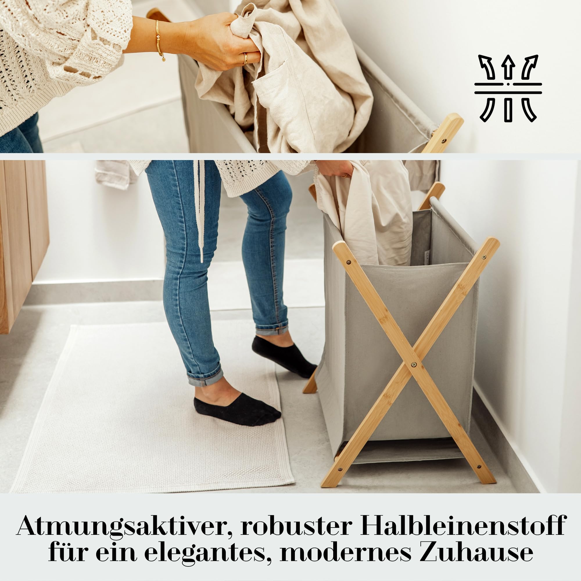 Wäschesammler Holz Textil Faltbar Grau 60L