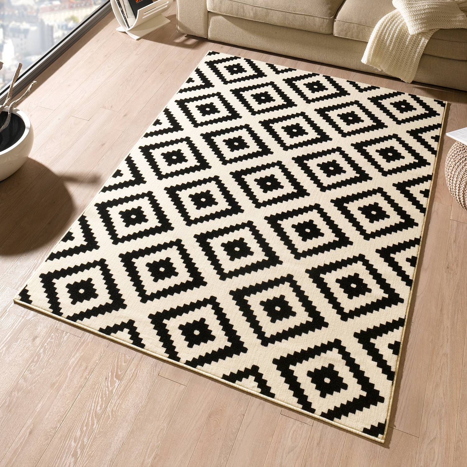 Carpet Diamond Polypropylene Black Beige 80 x 150 cm