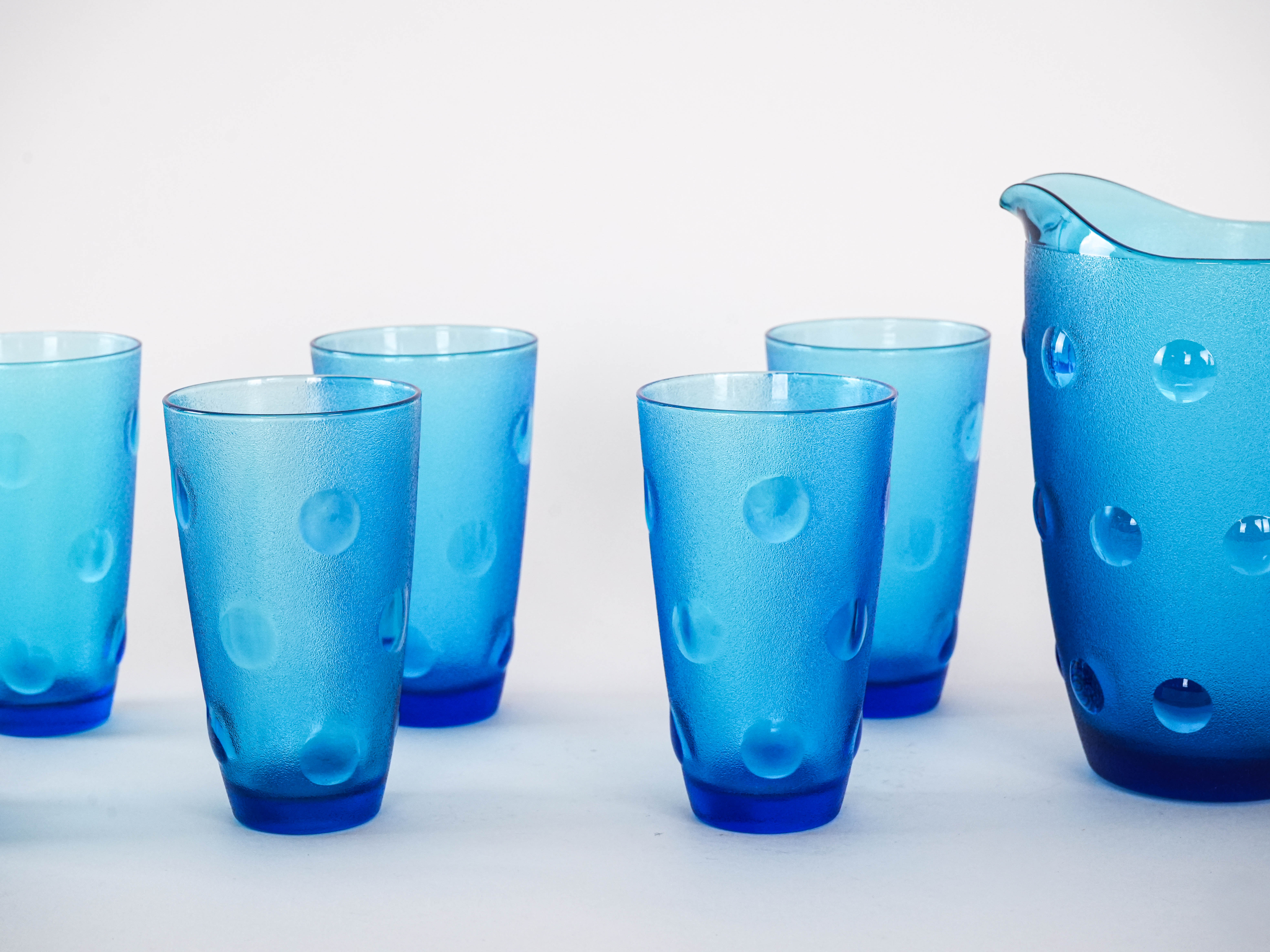 Gläser und Krug-Set Blau 1970er Jahre