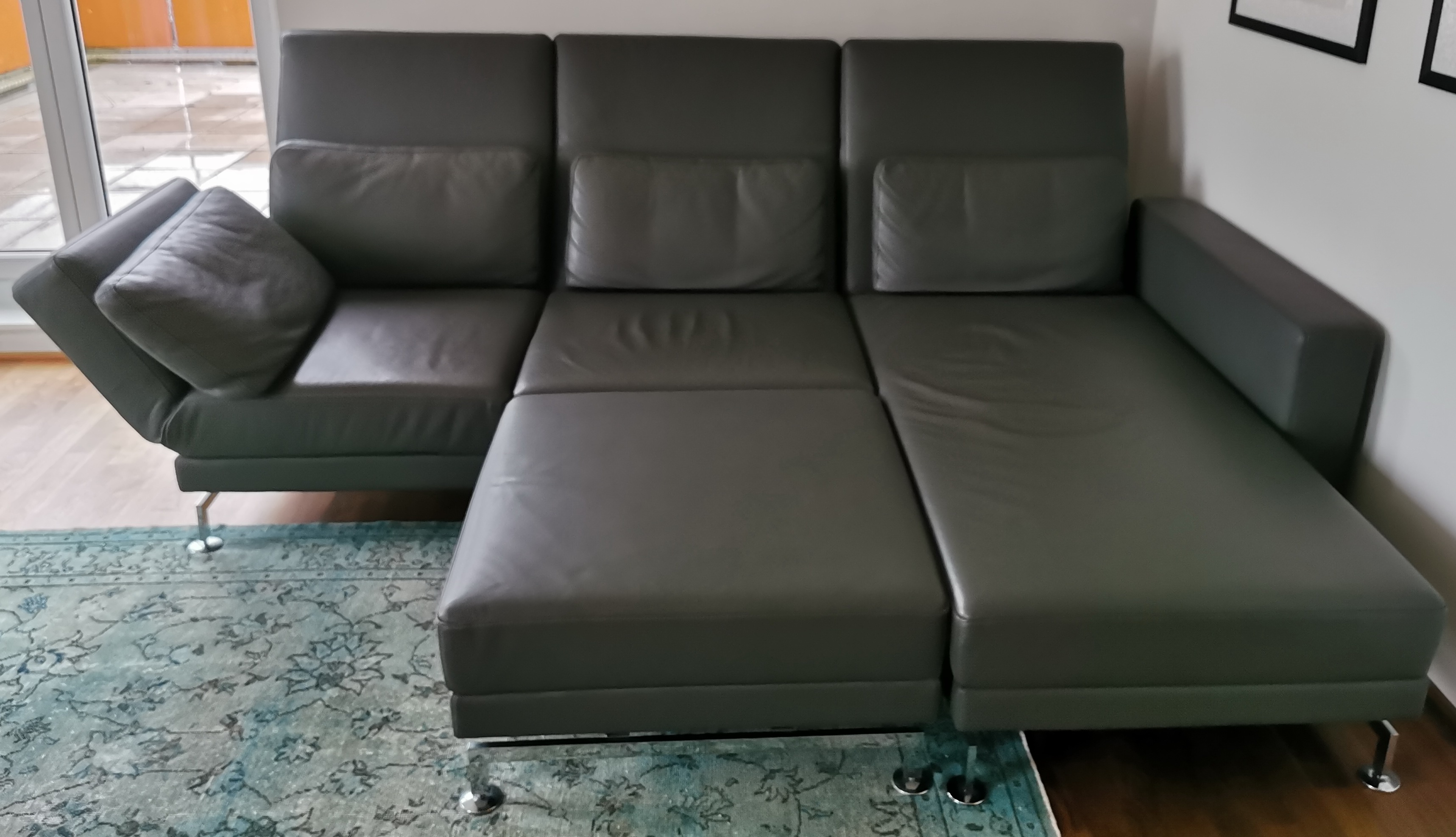 Sofa Récamiere Rechts & Hocker Leder Grau