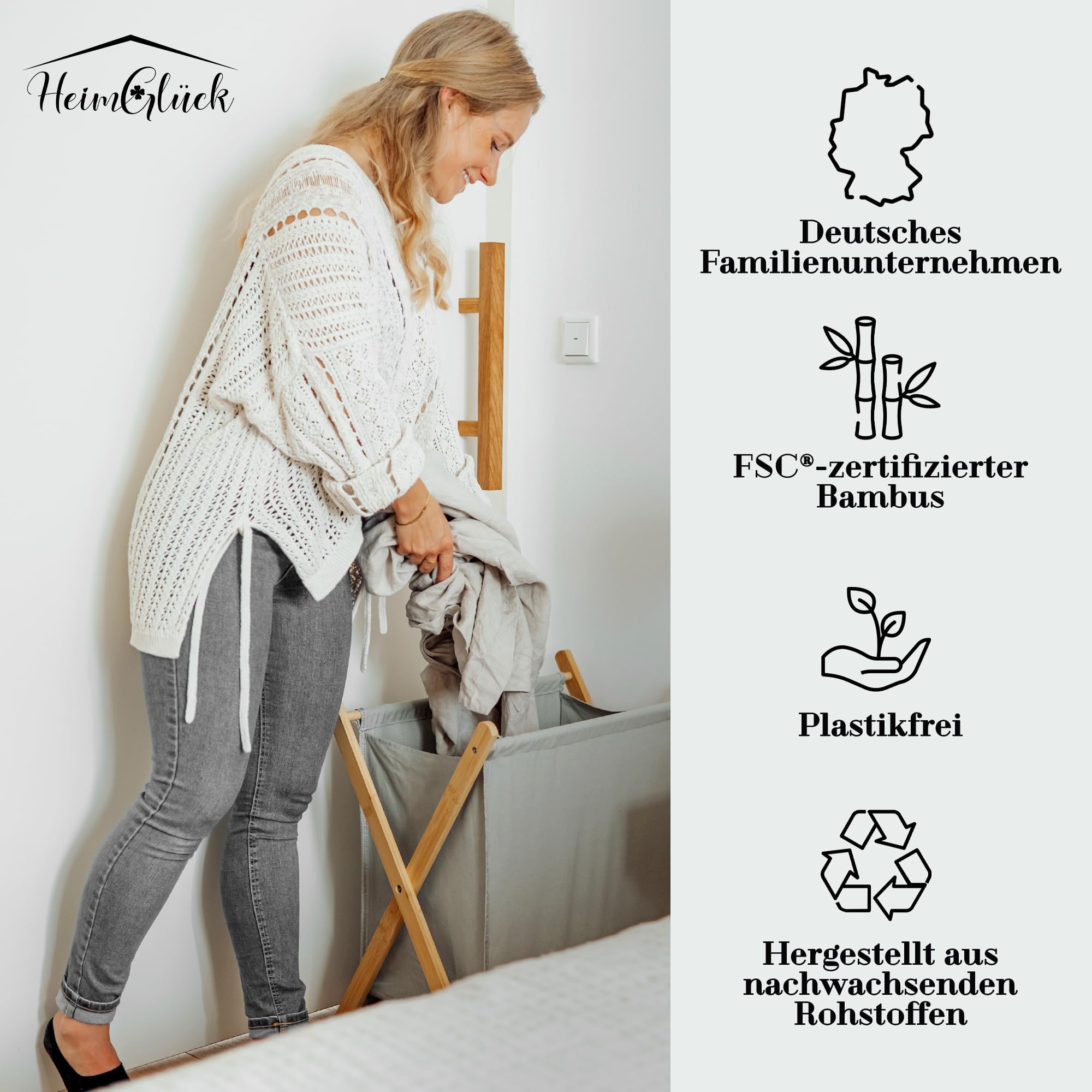 Wäschesammler Holz Textil Faltbar Grau 60L