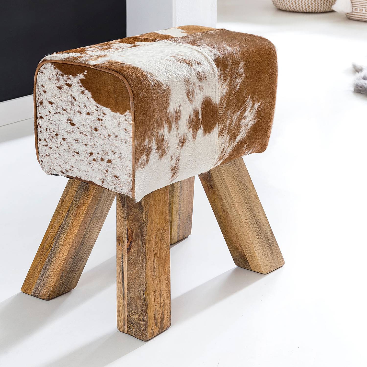 Sitzhocker Saviano Leder Mangoholz Braun Weiß