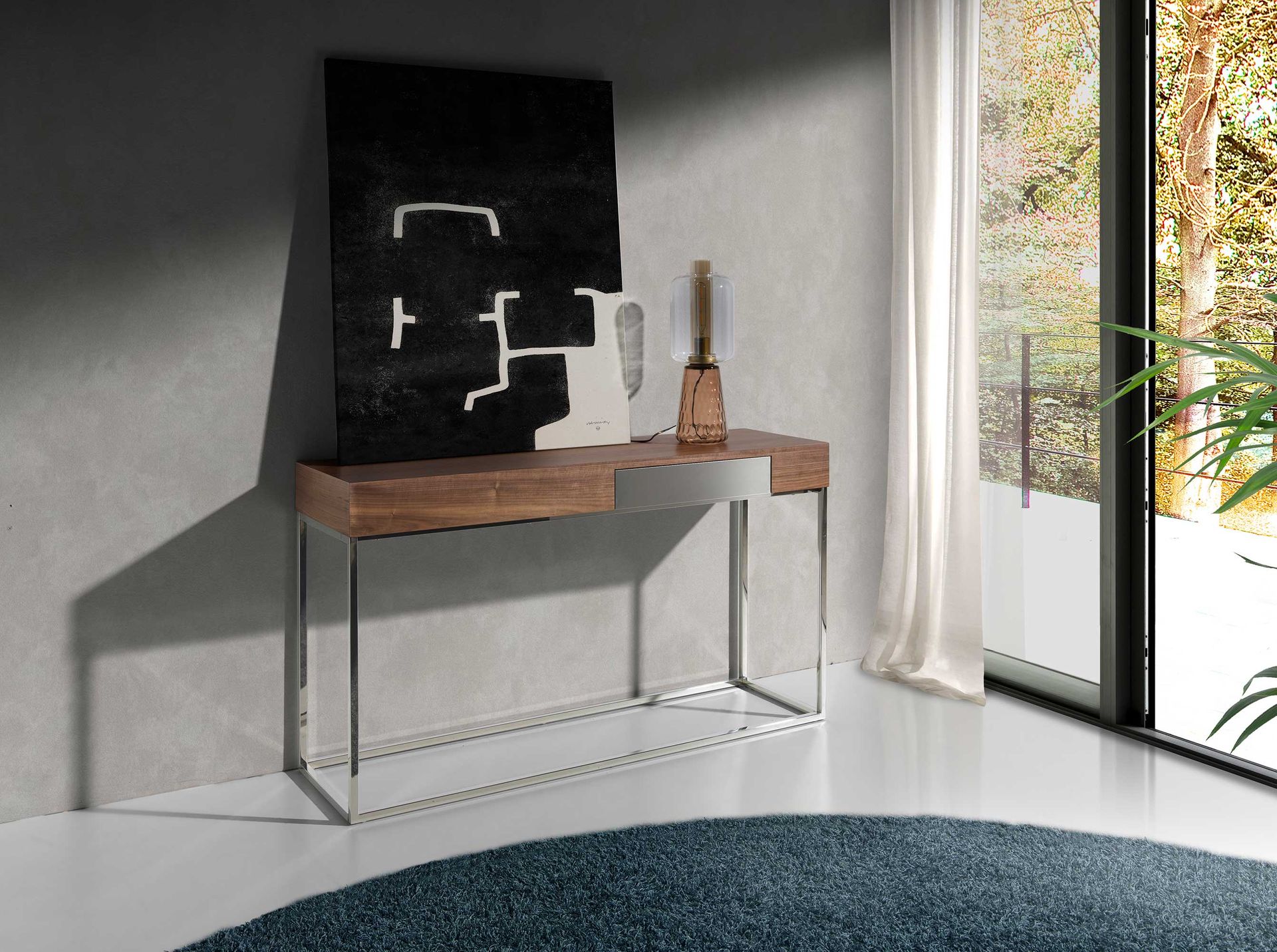 Console table walnut veneer stainless steel brown