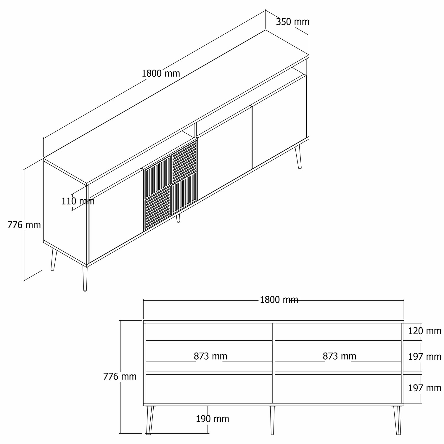 Milan Credenza bianca con dettagli dorati 180cm