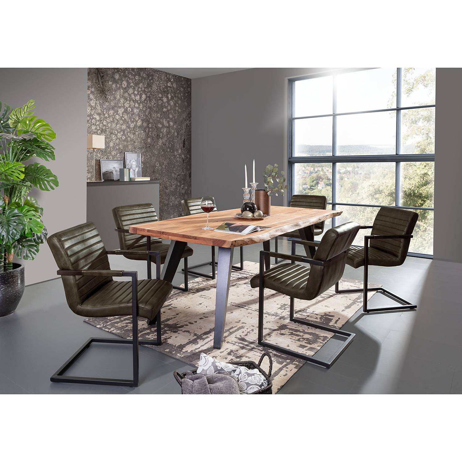 2x Freischwinger Stevenson Echtleder Eisen Dunkelolivgrün