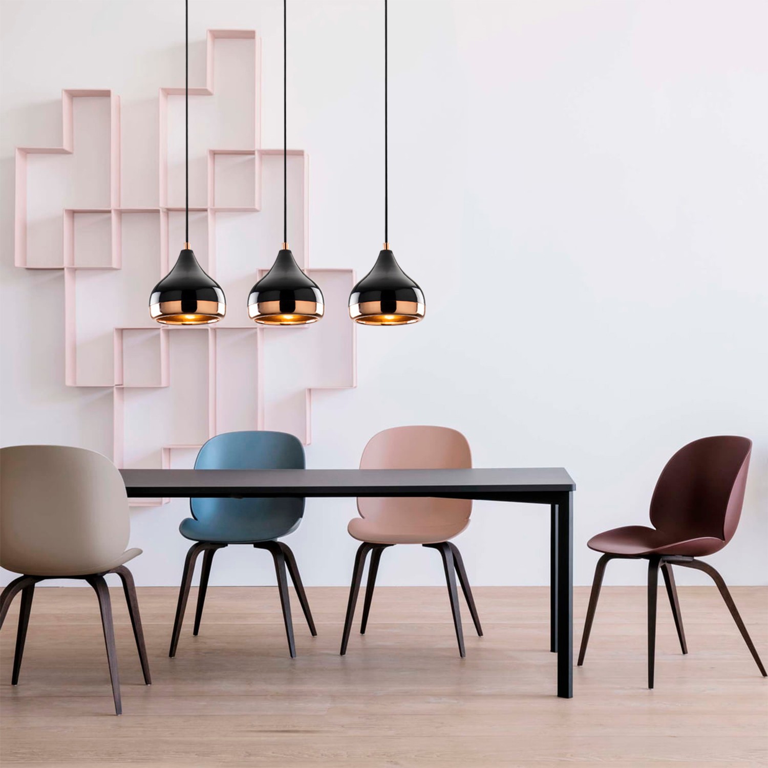 Lampada a sospensione 3 elementi altezza regolabile nero oro