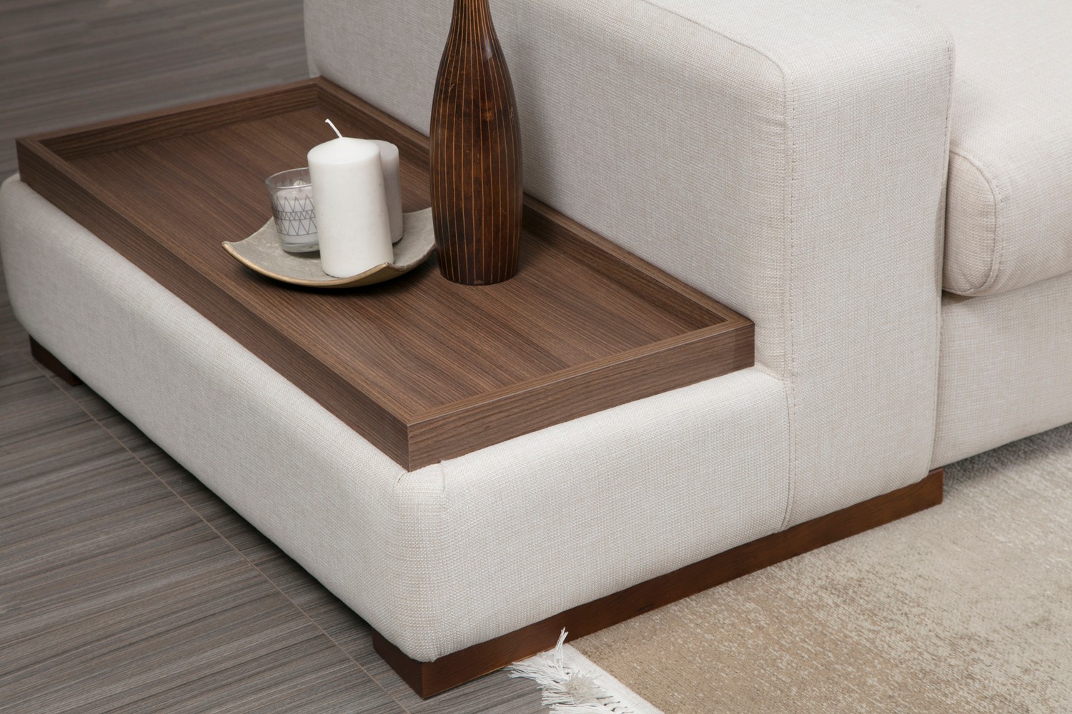 Sofa Récamiere Rechts Polyester Holz Creme mit Tisch