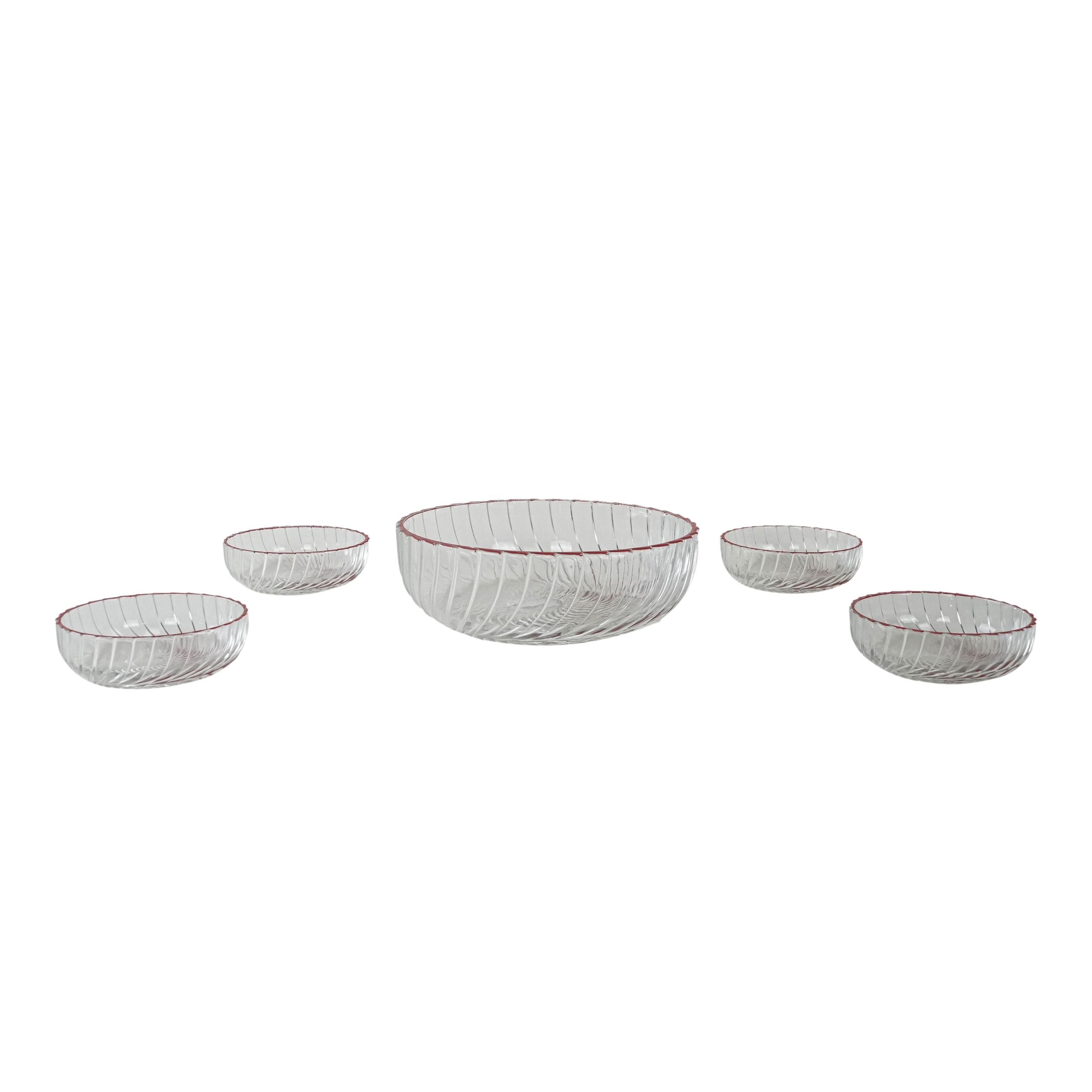 Glass bowls set 5-piece Transparent Red 1970s