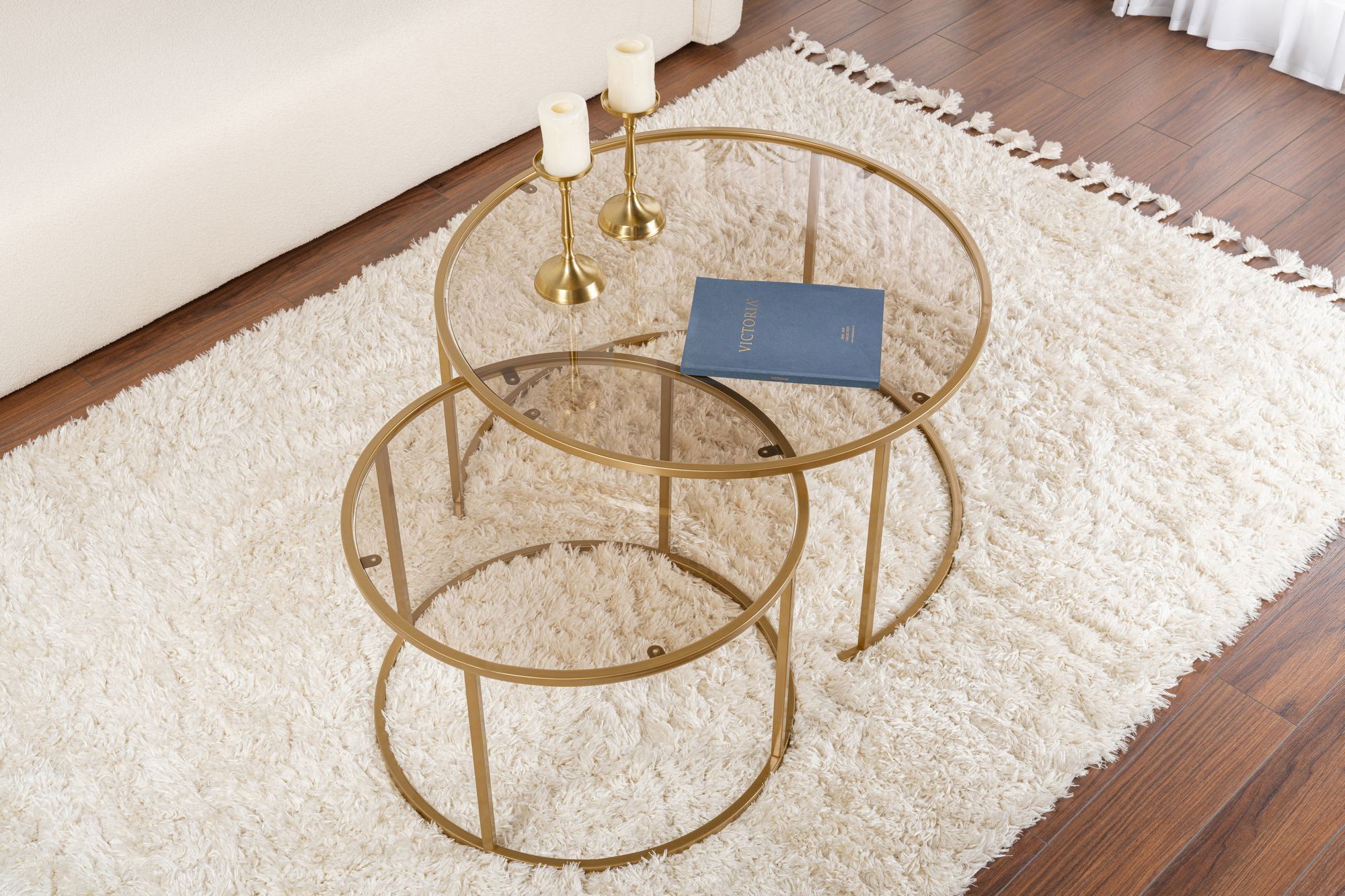 2x Gold Coffee Table Set Gold Bronze Ø80cm Ø60cm