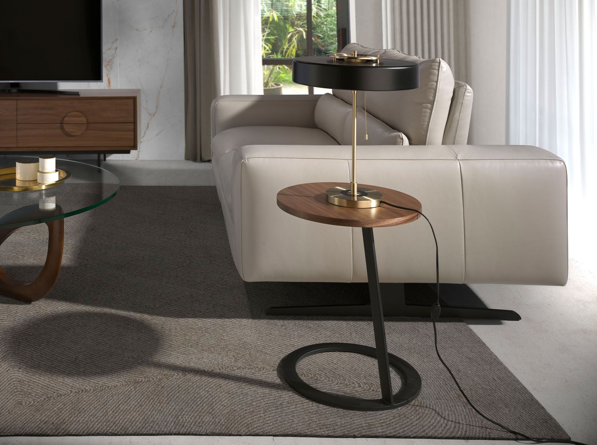 Round corner table walnut and black steel 2115