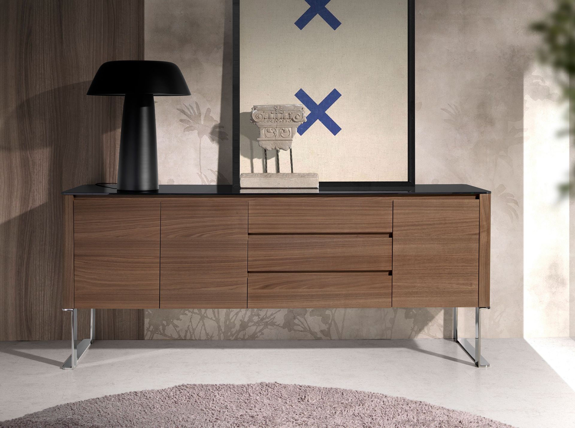 Sideboard impiallacciatura di legno acciaio cromato