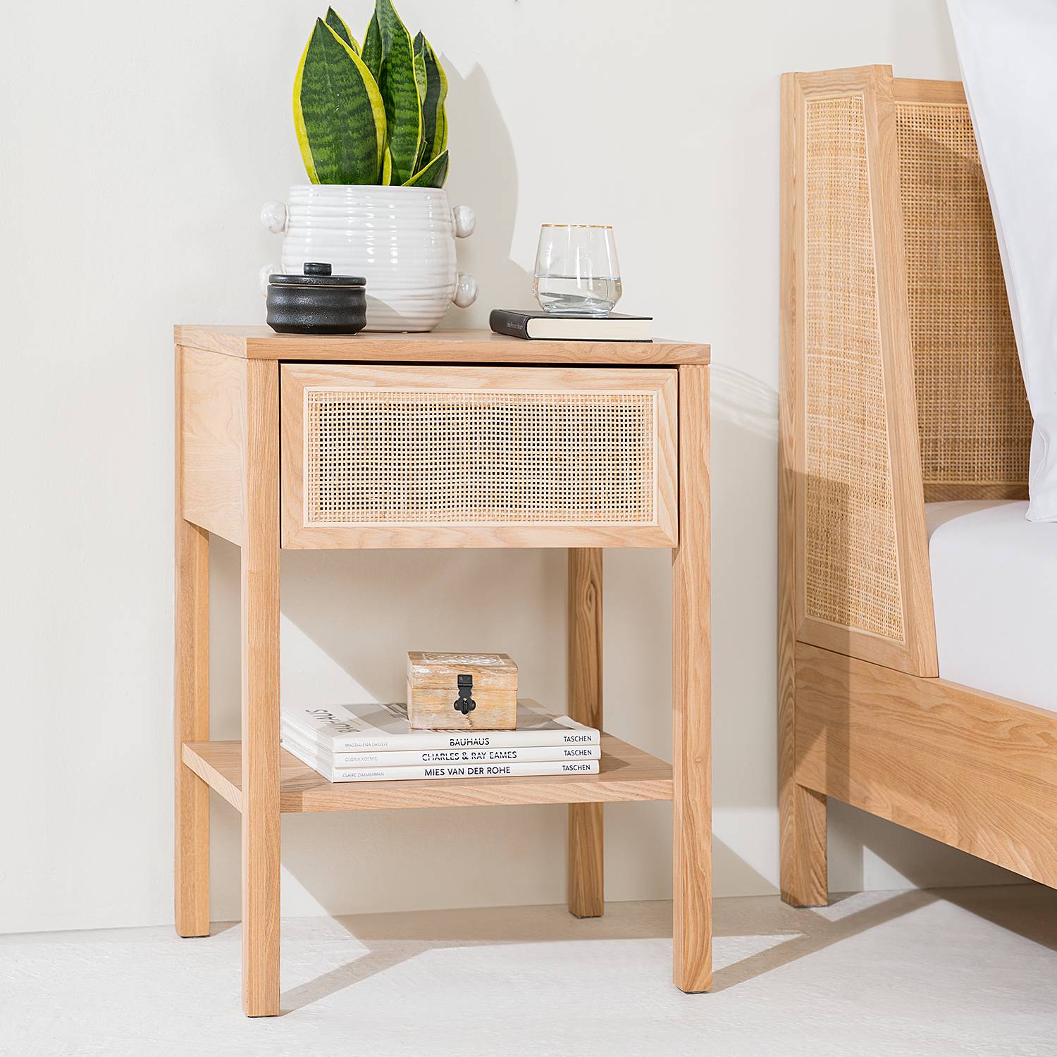 Nachttisch TAYLOR Rattan Eiche Teilmassiv Beige