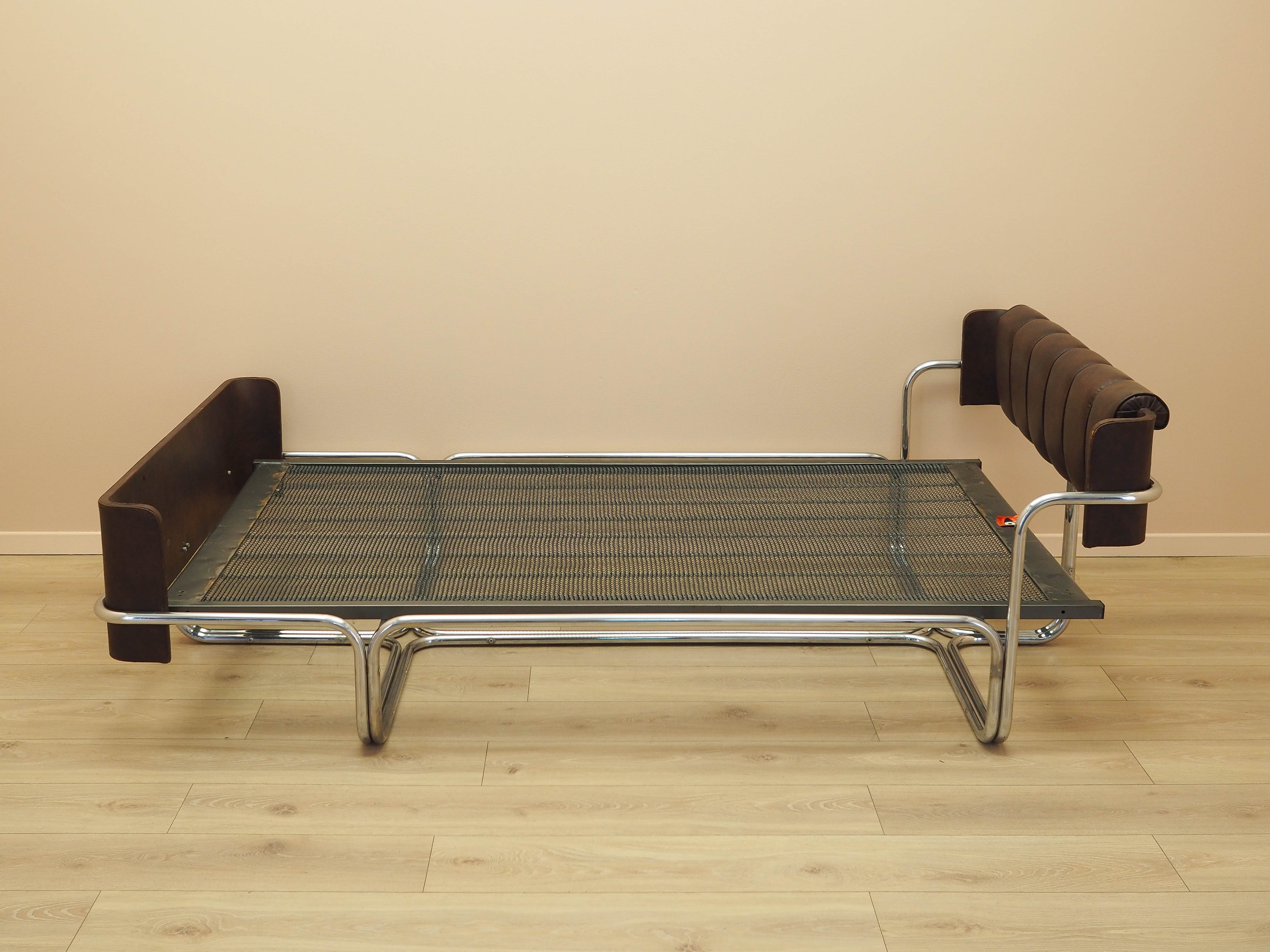 Vintage Bed Metal Frame Natural Leather Brown 1980s