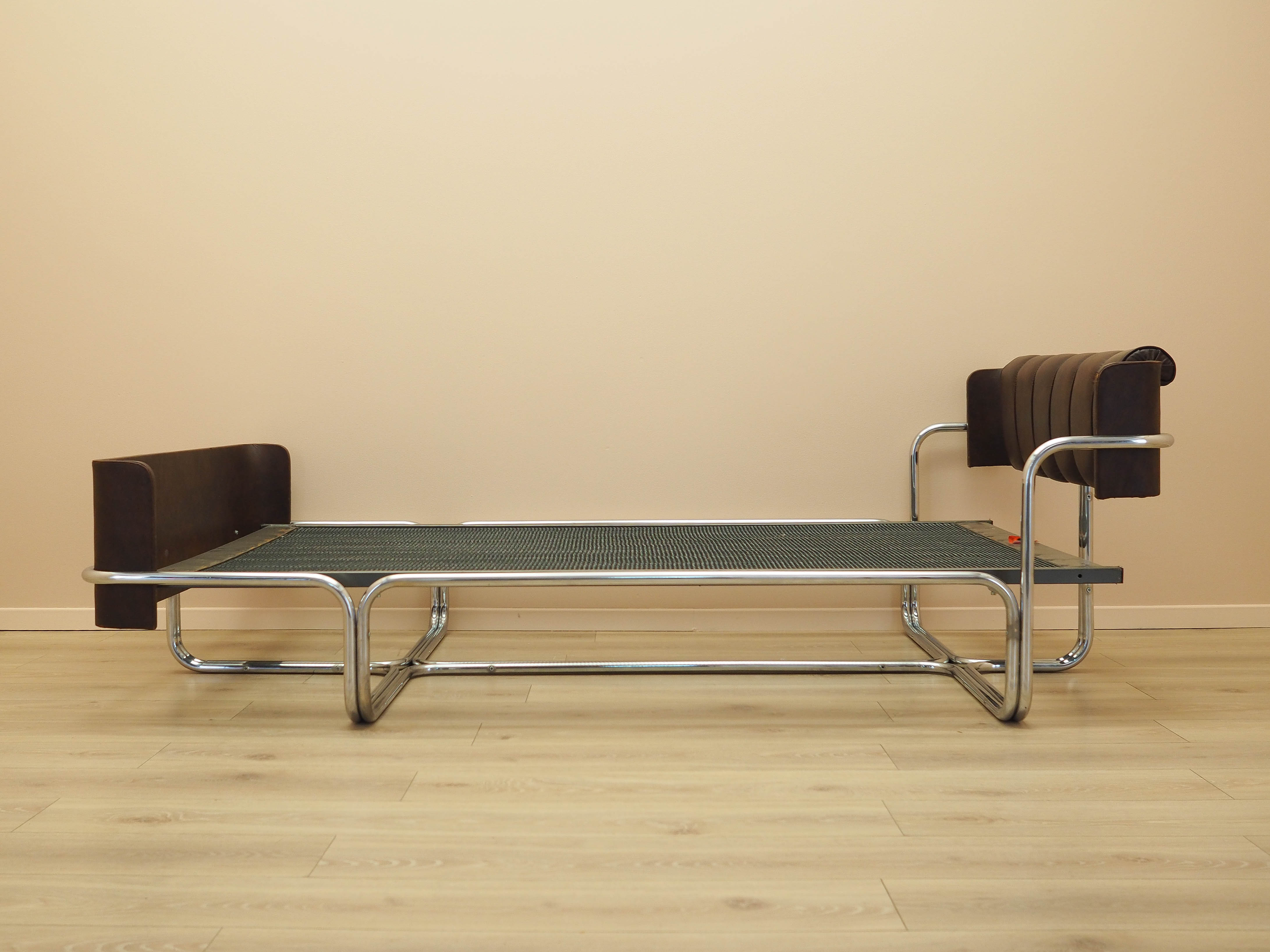 Vintage Bed Metal Frame Natural Leather Brown 1980s