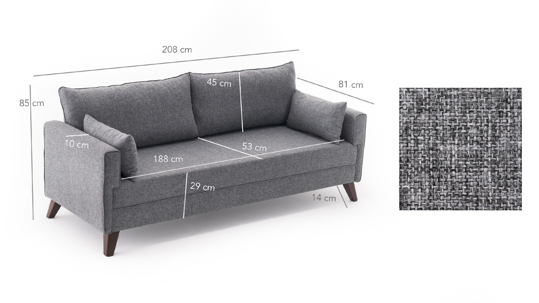 Sofa 3-Sitzer Textil Grau