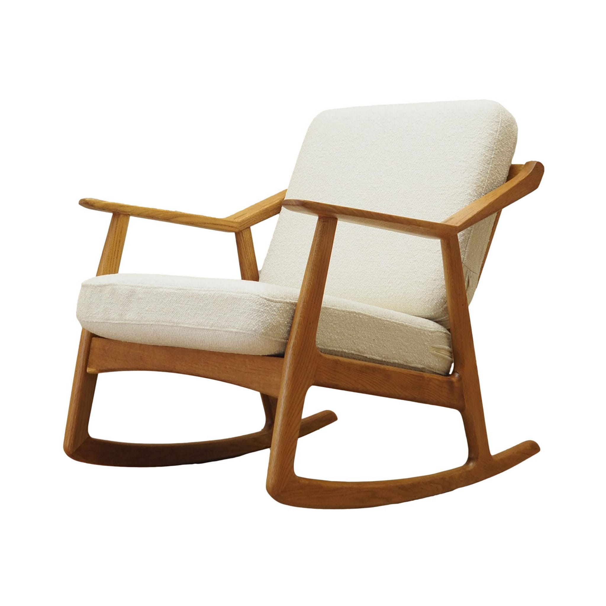 Sedia a dondolo vintage in rovere e tessuto crema, anni '60