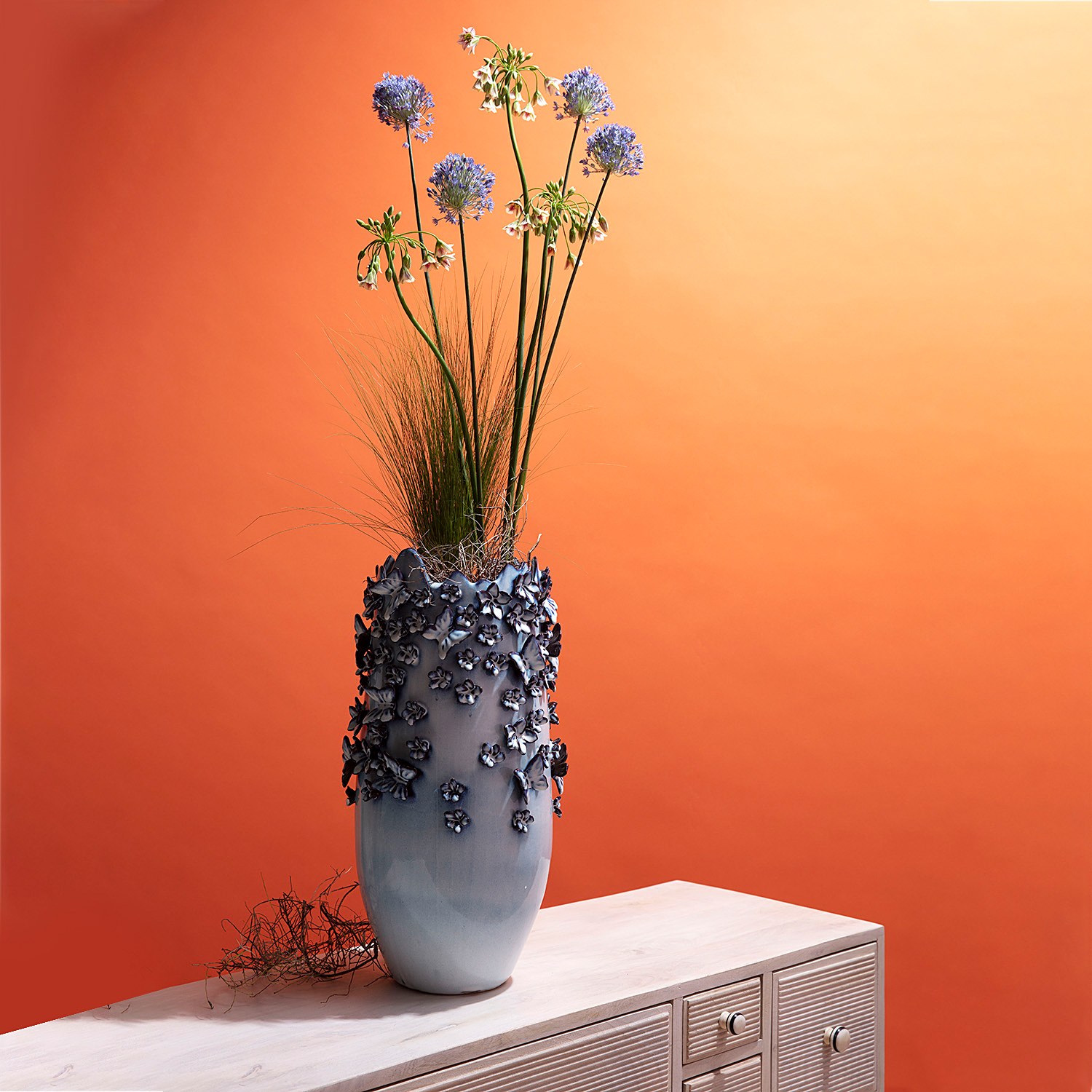 Butterfly Typ B Vase Steingut Blau 28x50x28cm