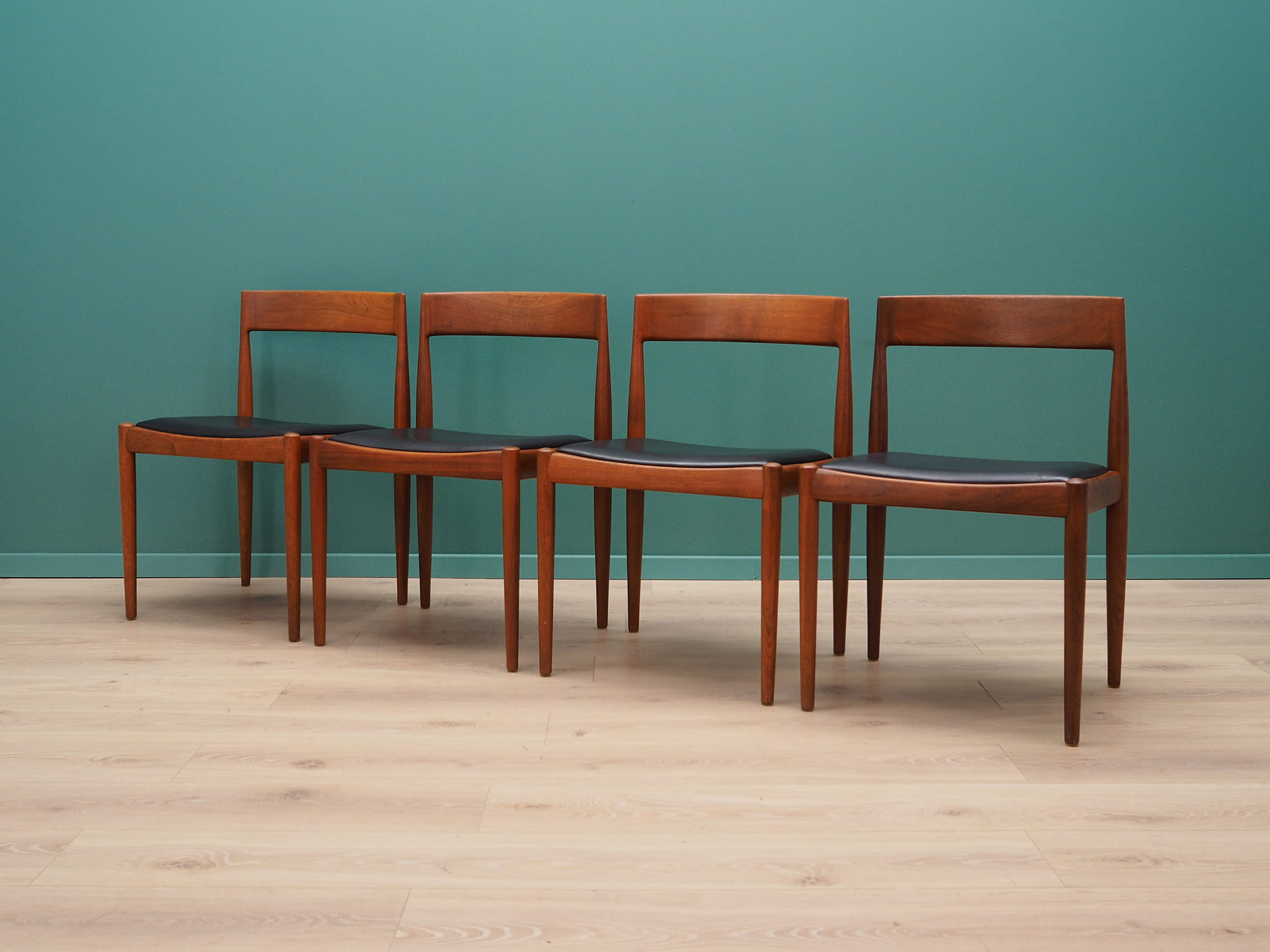 4x Vintage Chair Teak Wood Leather Brown 1970s