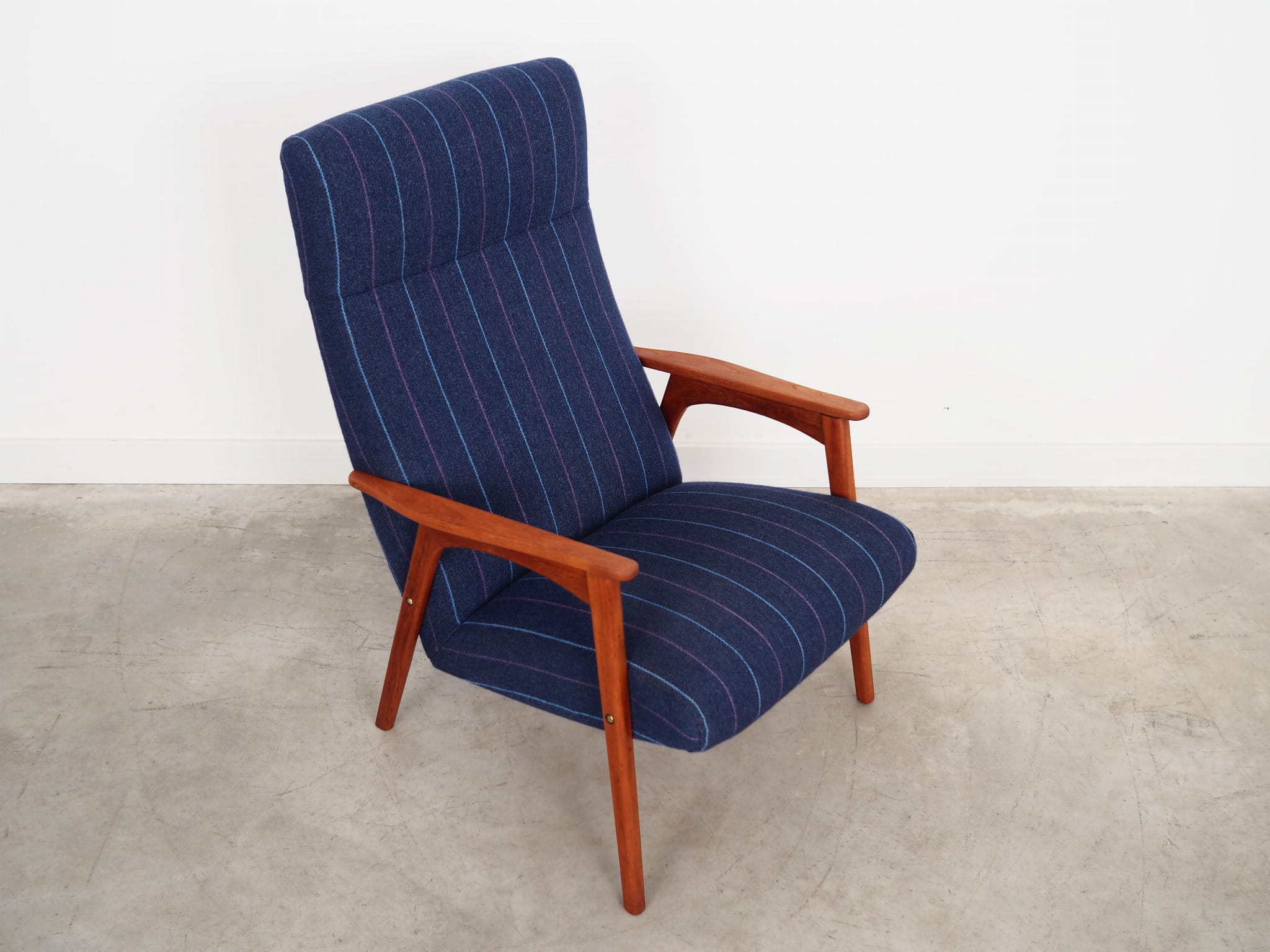 Vintage Stuhl Teakholz Wolle Blau 1970er Jahre