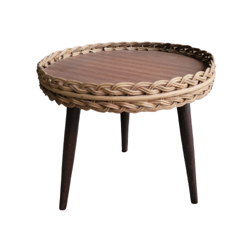 Vintage Pflanzentisch Holz Rattan Braun