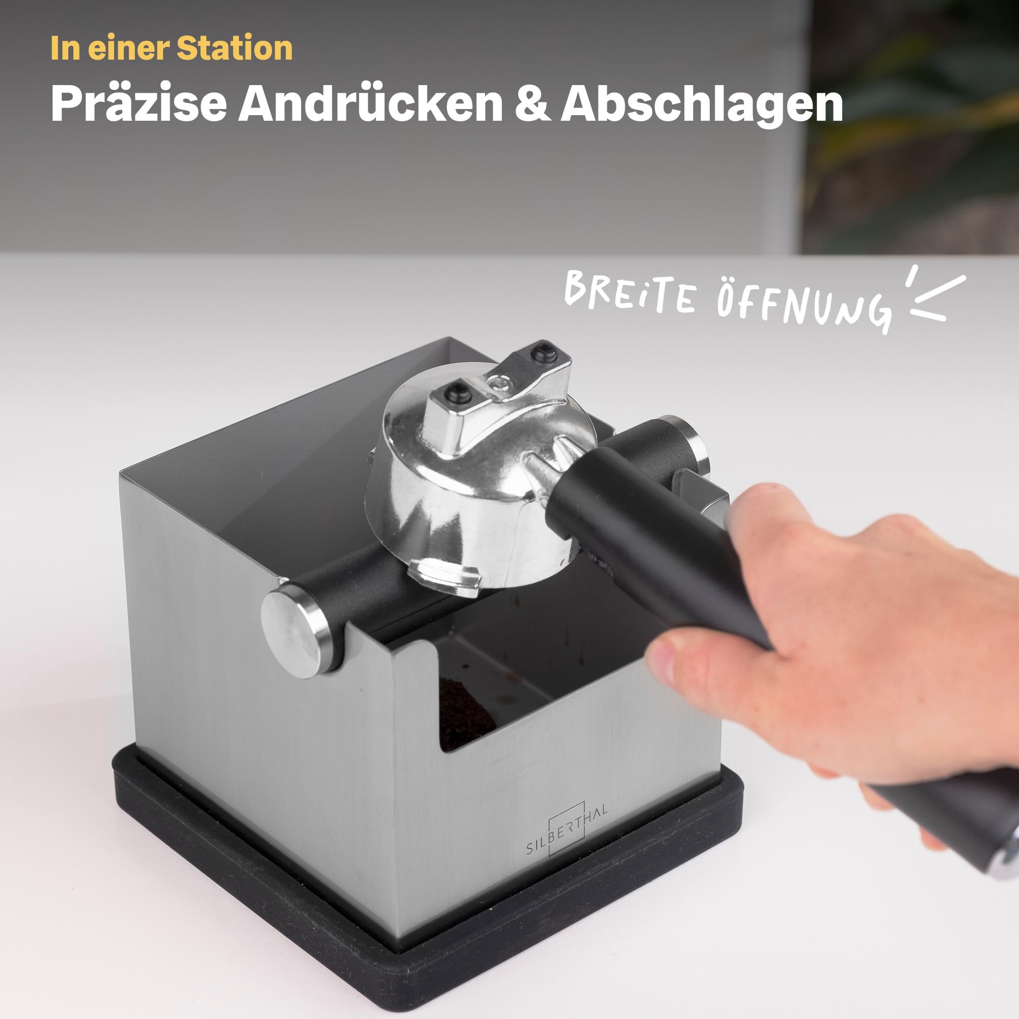 Abklopfbehälter für Siebträger Edelstahl Silber