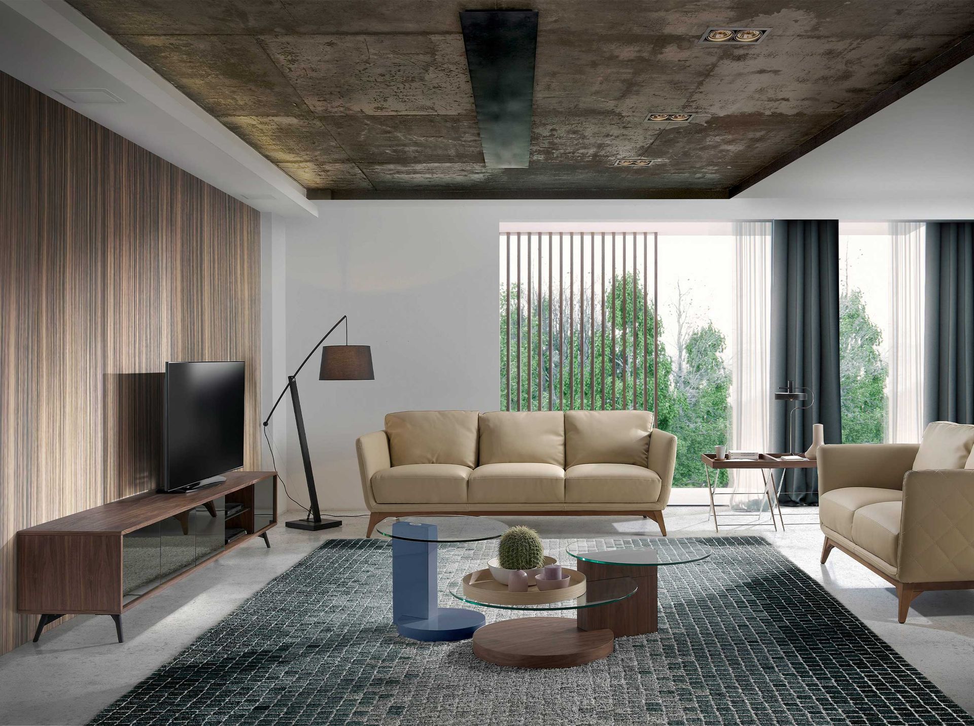 Lowboard Walnut wood Glass Steel Black