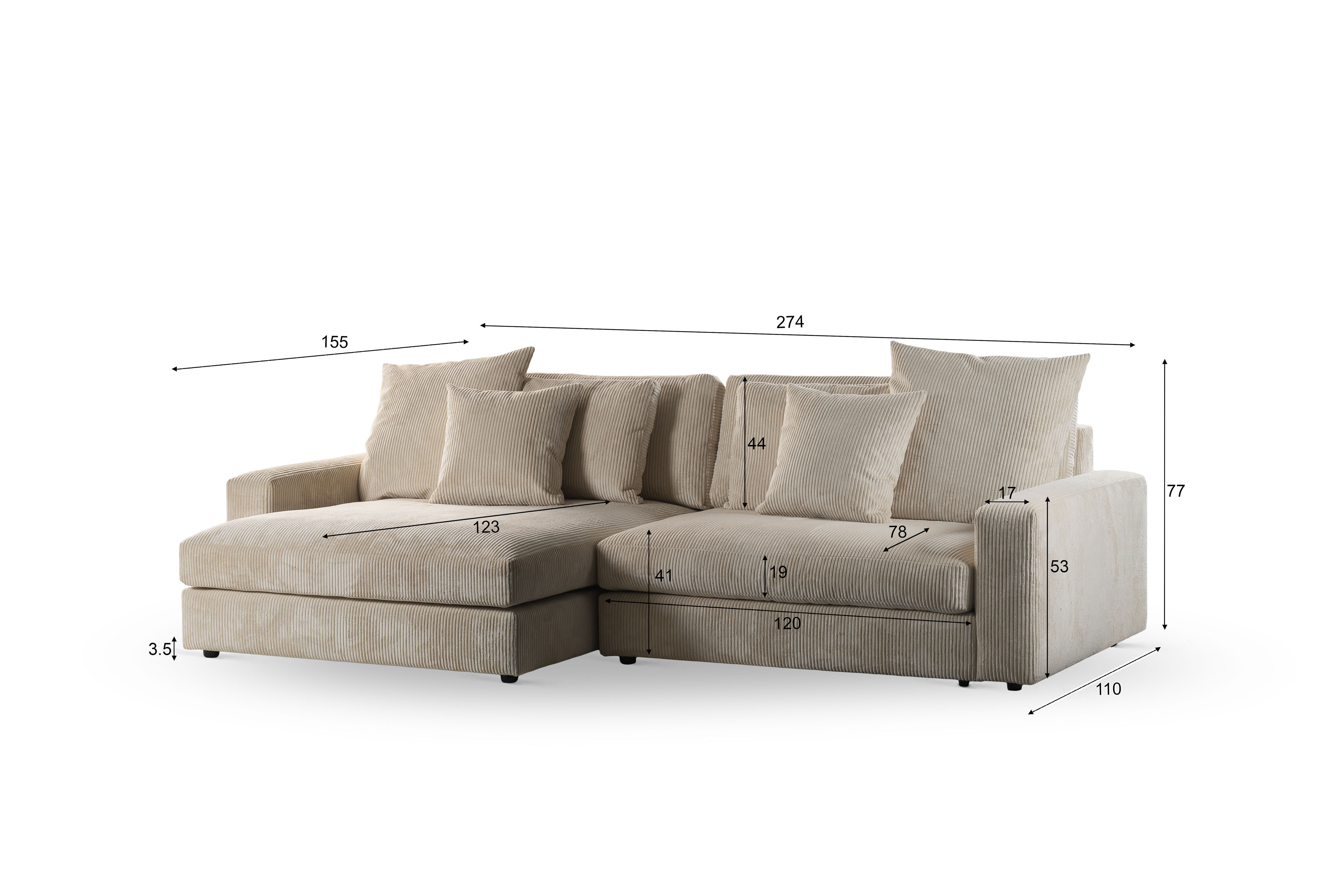 Sofa 3-Seater Right Left Beige