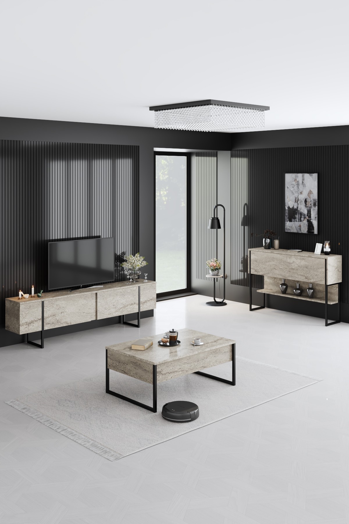 Luxe Sideboard Holz Travertine Schwarz