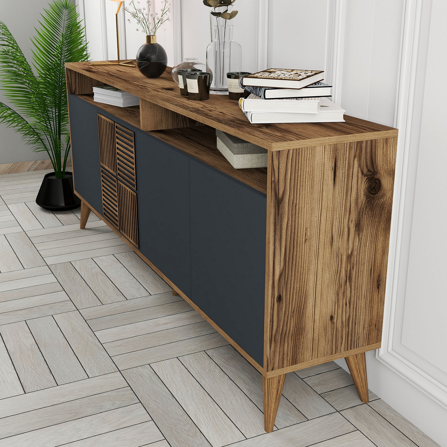 Milan Sideboard Walnussbraun Anthrazit 180cm