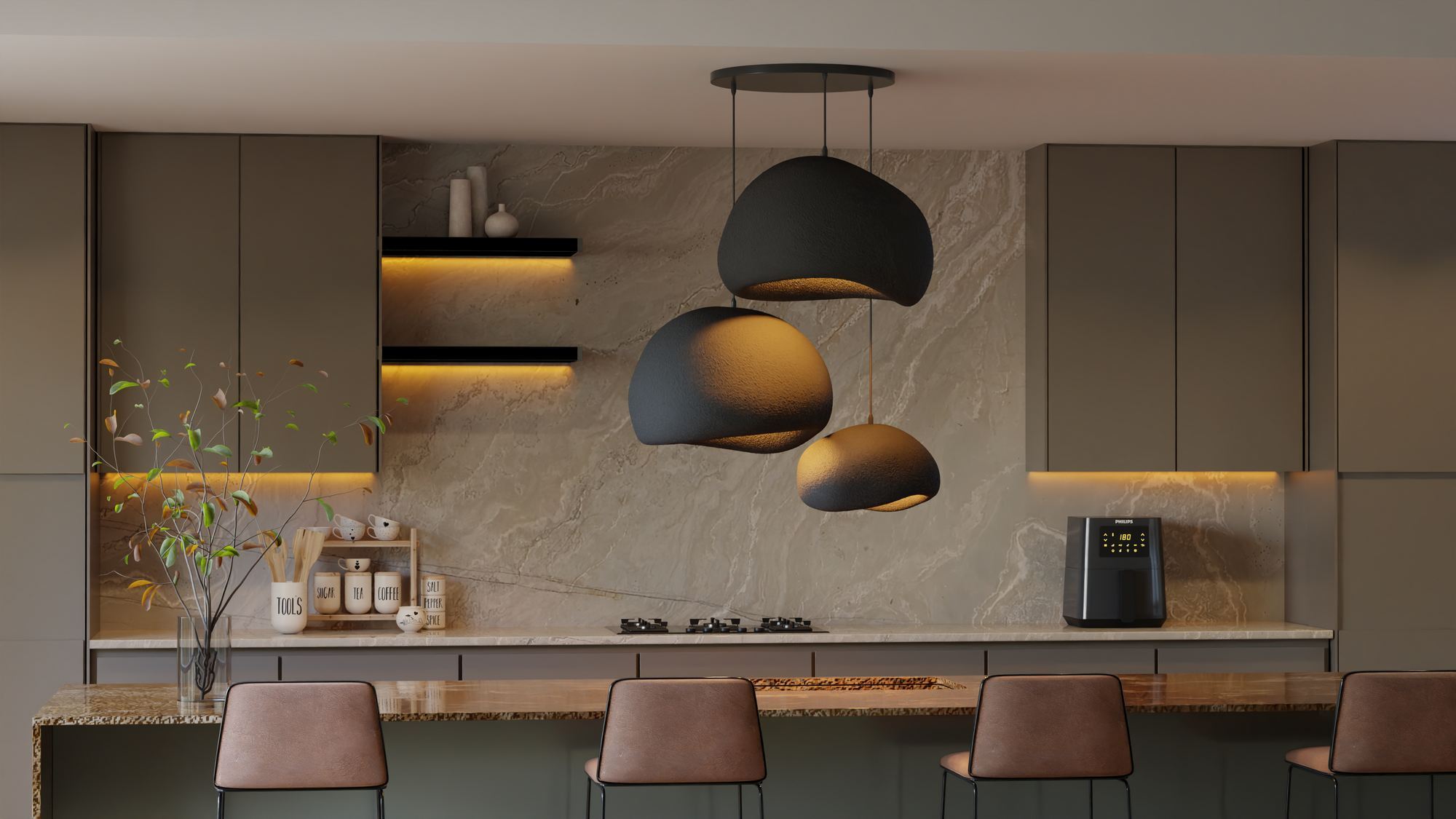 3-Flammig Wabi Sabi Ashveils Pendelleuchte Schwarz