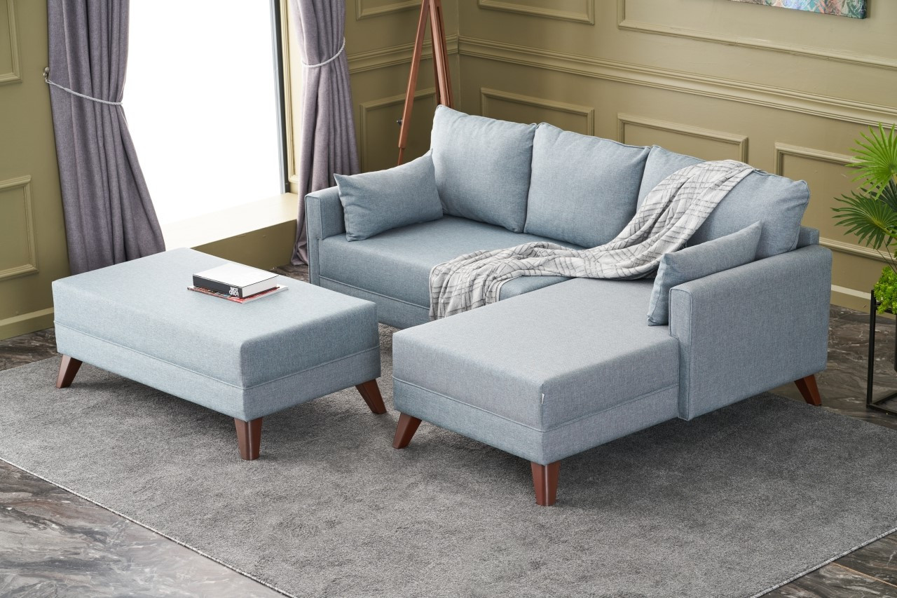 Bella Sofa Récamiere Rechts mit Hocker Blau