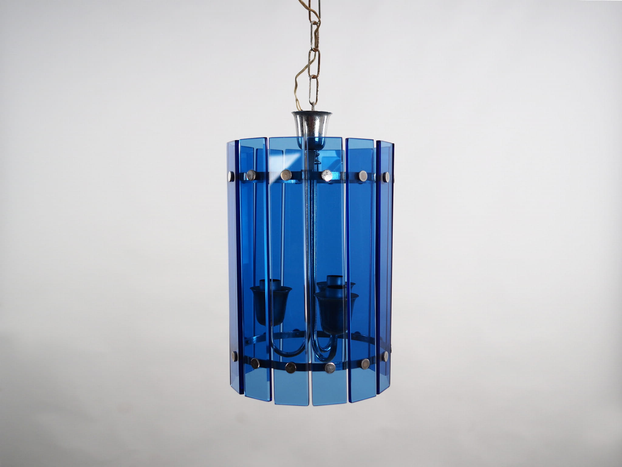 Lampada a sospensione in vetro blu anni '70