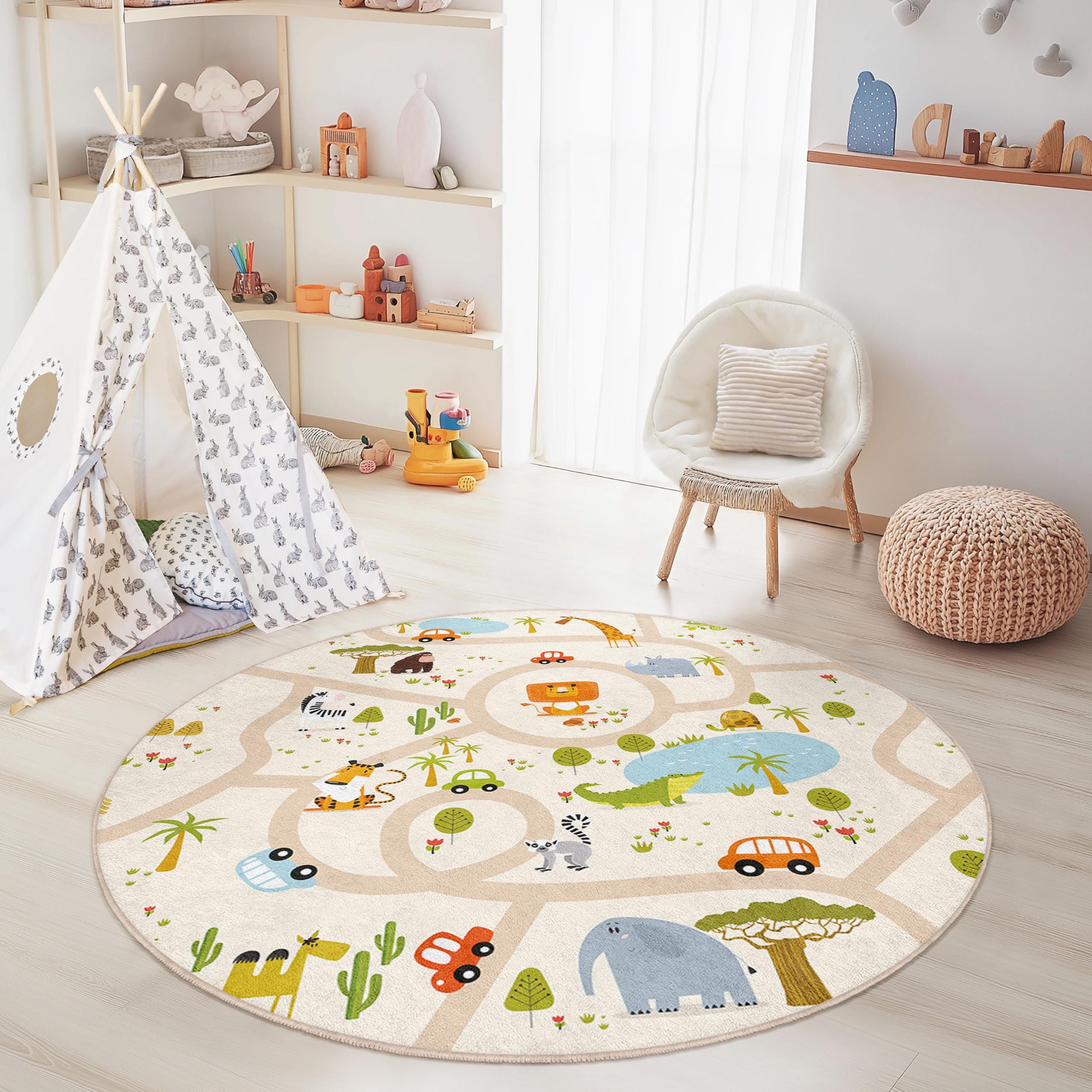 Jungle road maps Children's rug Multicoloured ⌀120cm