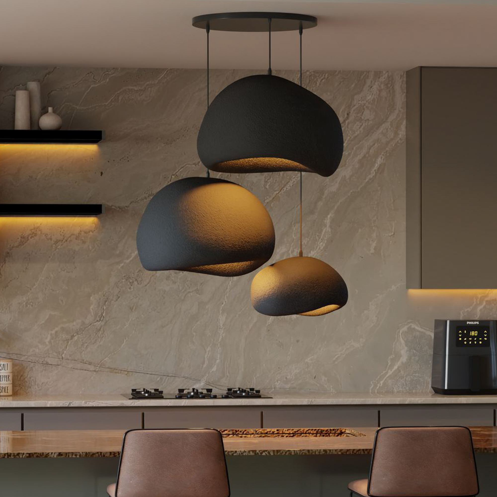 3-Flammig Wabi Sabi Ashveils Pendelleuchte Schwarz
