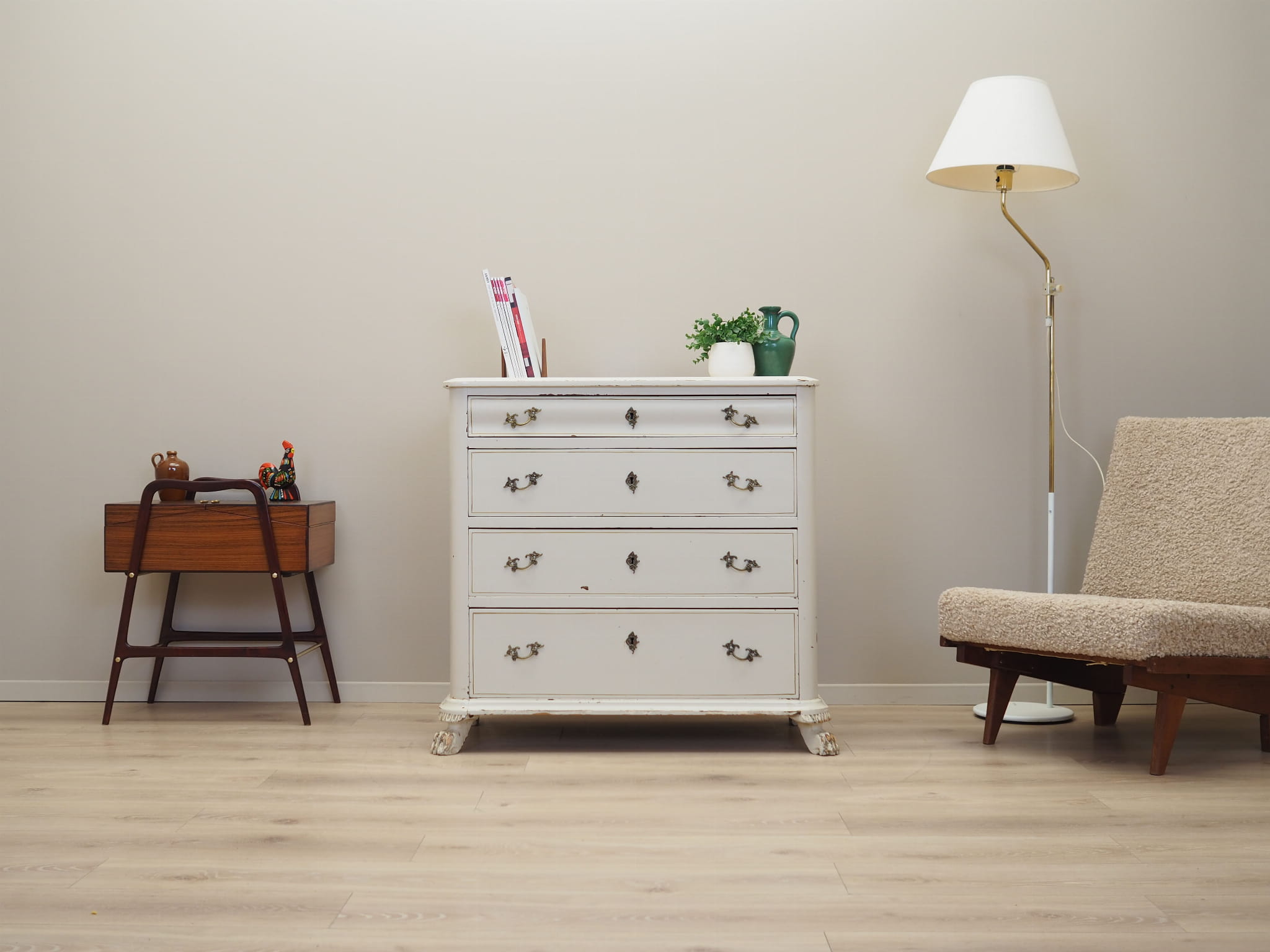 Vintage chest of drawers pine wood white 1950s
