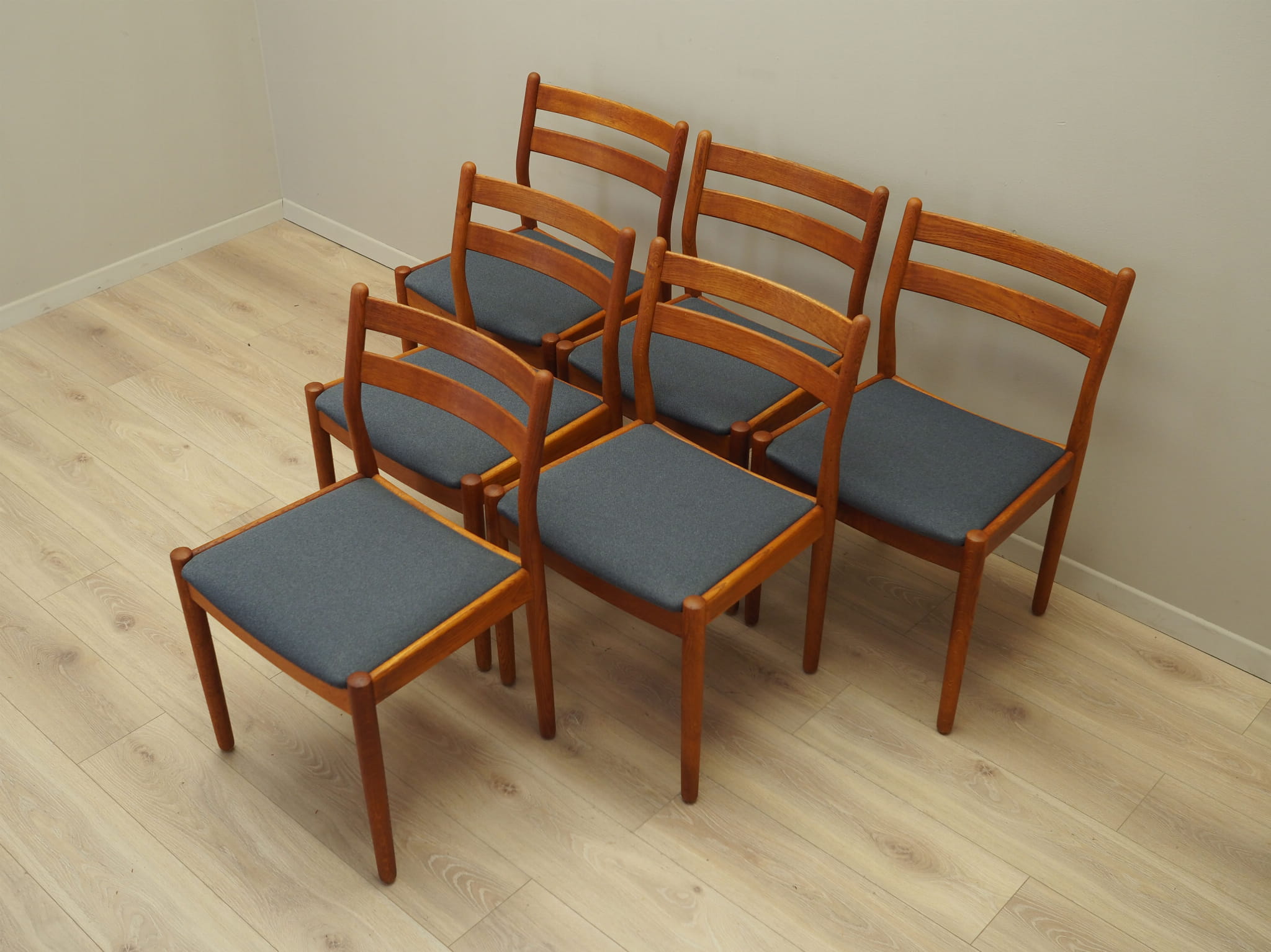 6x Vintage Chair Teak Wood Textile Brown 1970s