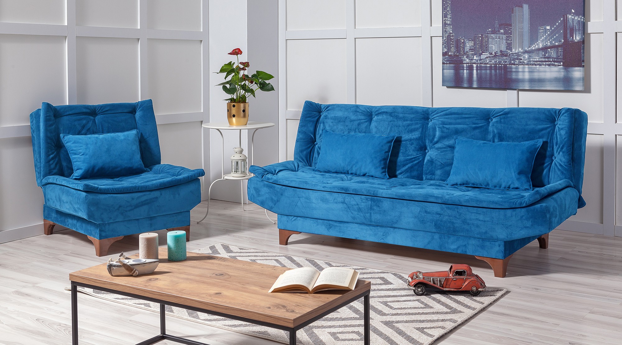 Kelebek Schlafsofa Set Holz Dunkelblau