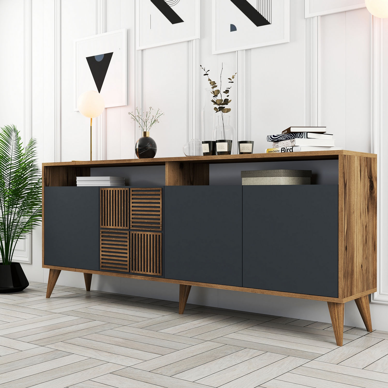 Milan Sideboard Walnussbraun Anthrazit 180cm