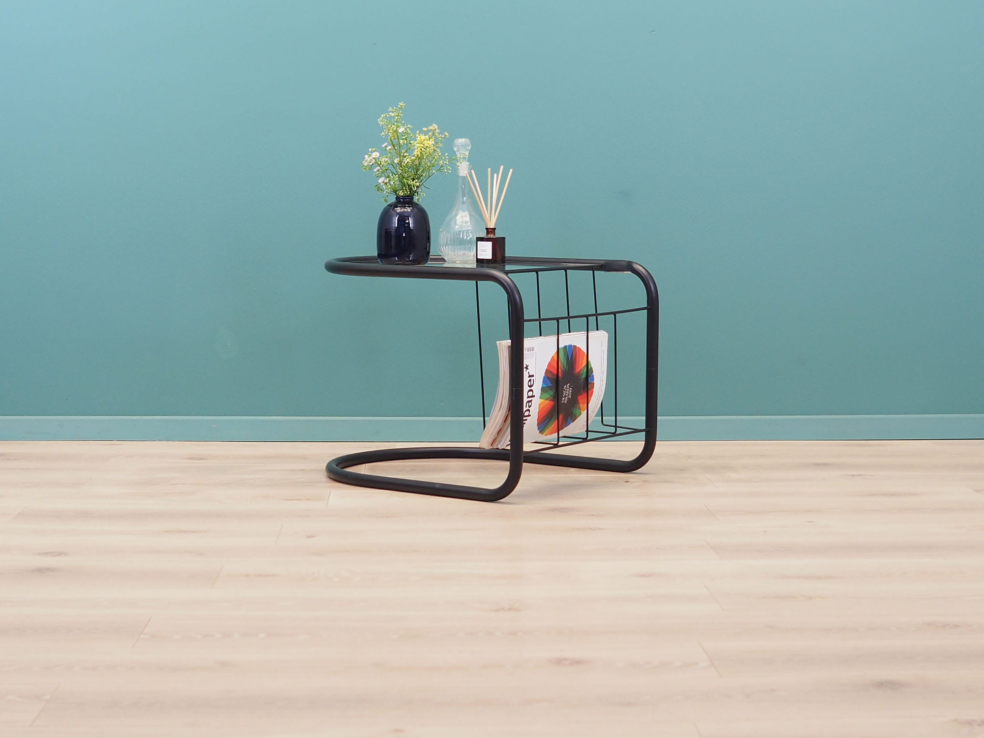 Vintage side table glass metal black 1970s