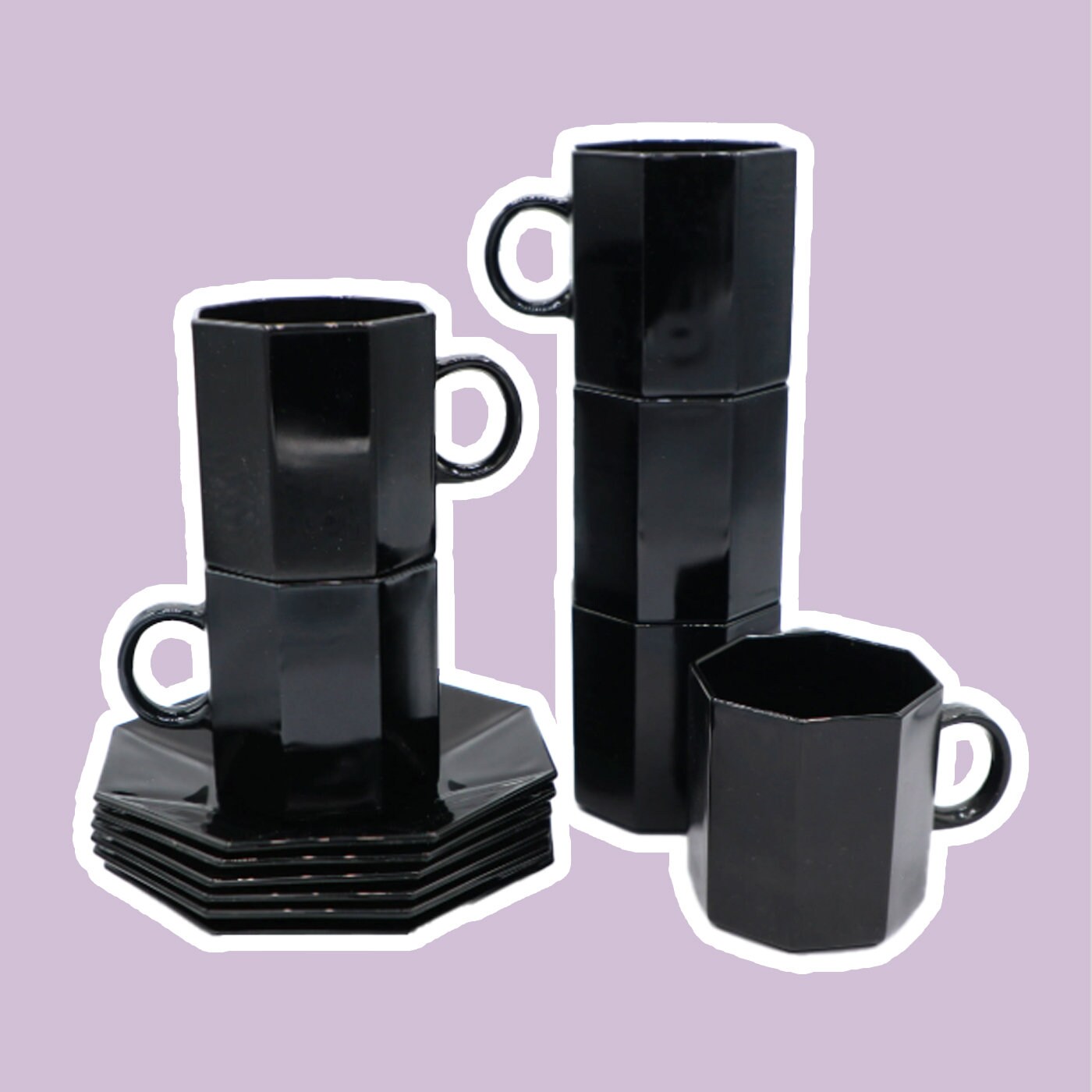 6x Octime Kaffeetasse mit Unterteller Schwarz 1980er Jahre