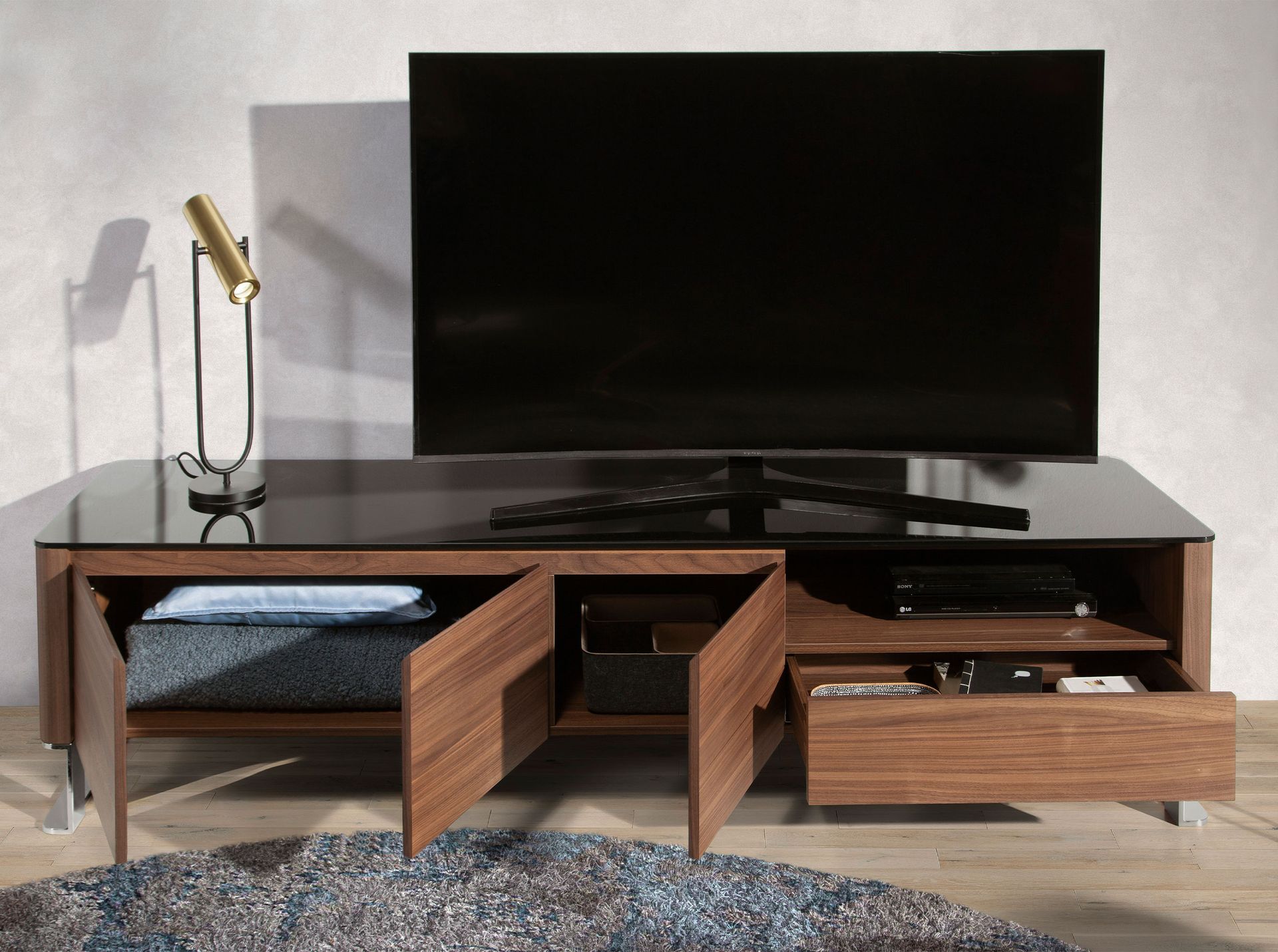 Lowboard wood veneer Chrome-plated steel